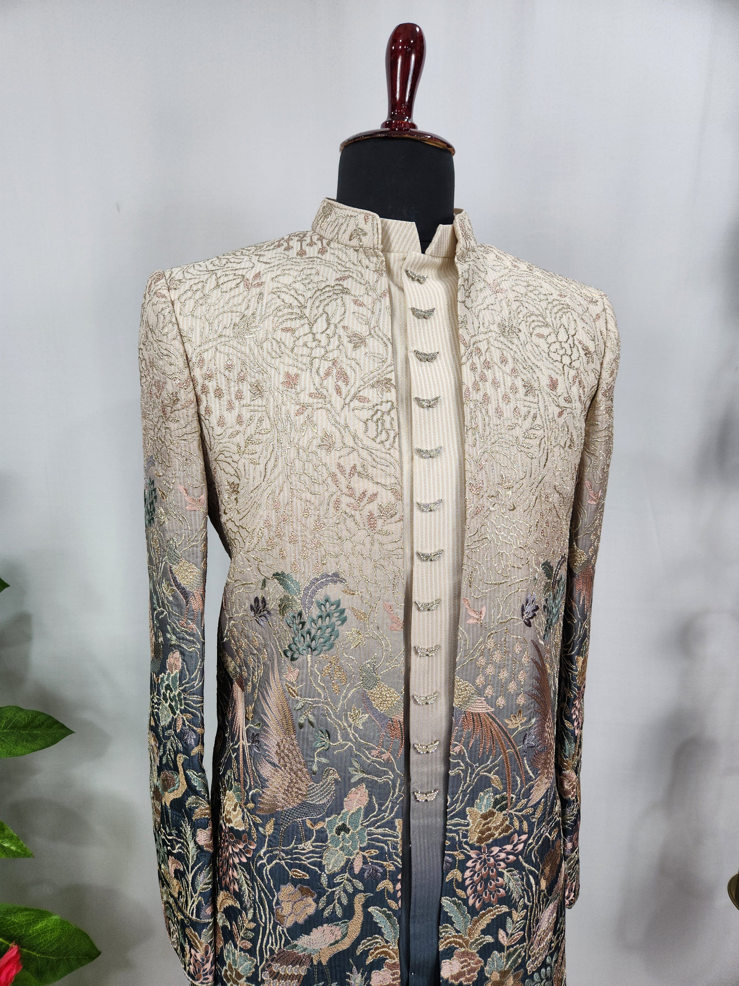 Blue Beige Indo-Western Sherwani for Men | Indian Groom Wedding Outfit