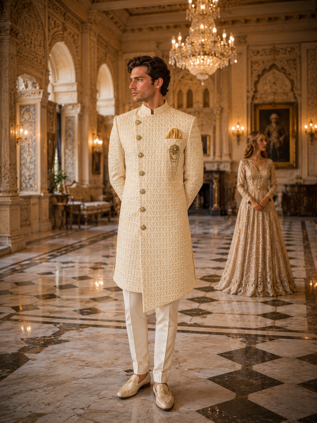 Beige Indo-Western Sherwani for Men | Indian Groom Wedding Outfit