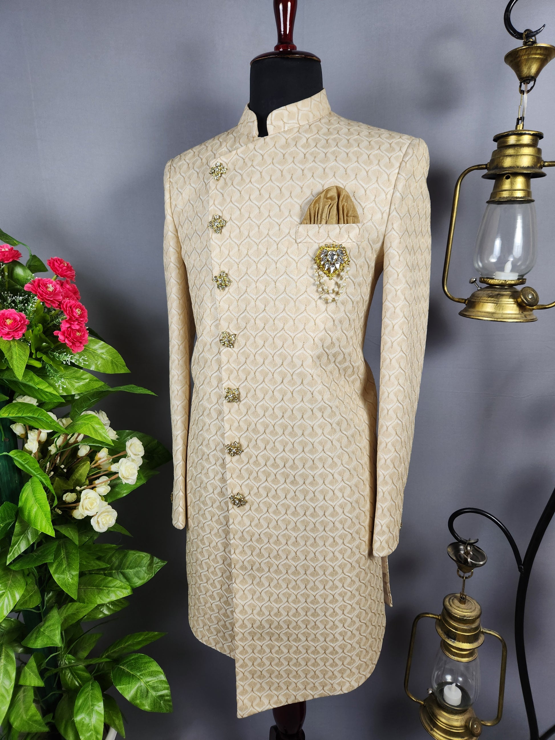  Beige Indo-Western Sherwani for Groom  -   Indian Wedding Outfit for Men
