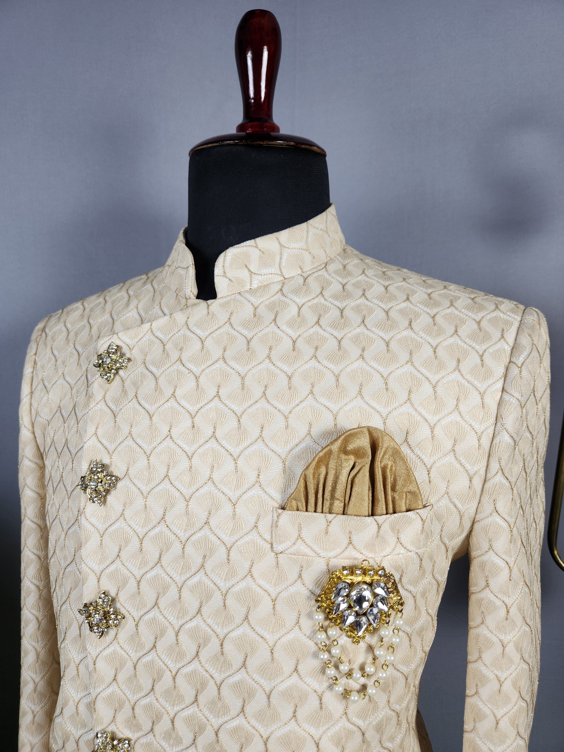  Beige Indo-Western Sherwani for Groom  -   Indian Wedding Outfit for Men
