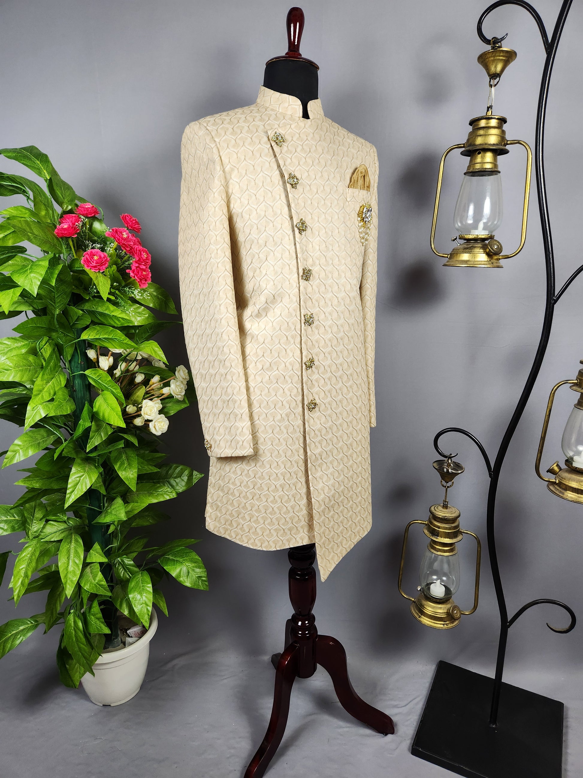  Beige Indo-Western Sherwani for Groom  -   Indian Wedding Outfit for Men

