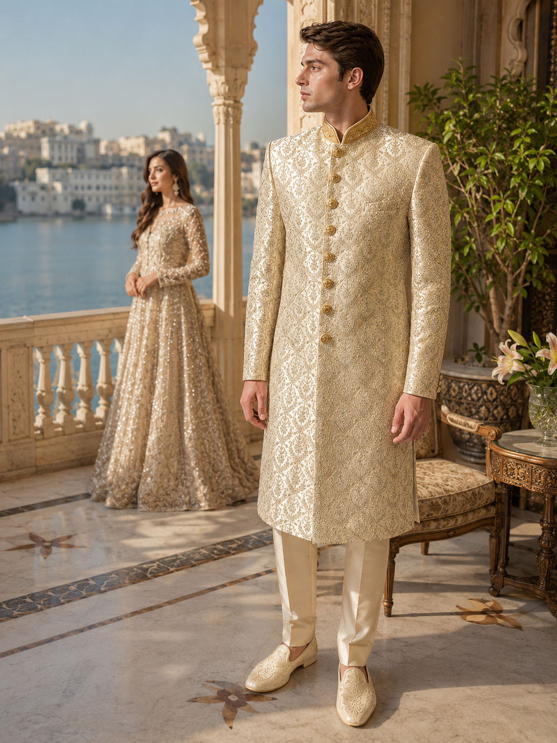 Beige Wedding Groom Sherwani - Silver Thread Work | Sherwani For Men