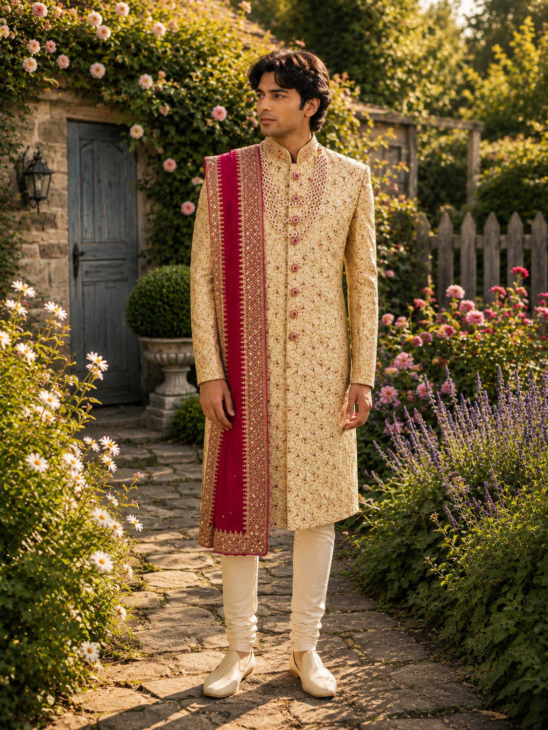 Golden Wedding Groom Sherwani - Magenta Beads and Zarkan | Sherwani For Men