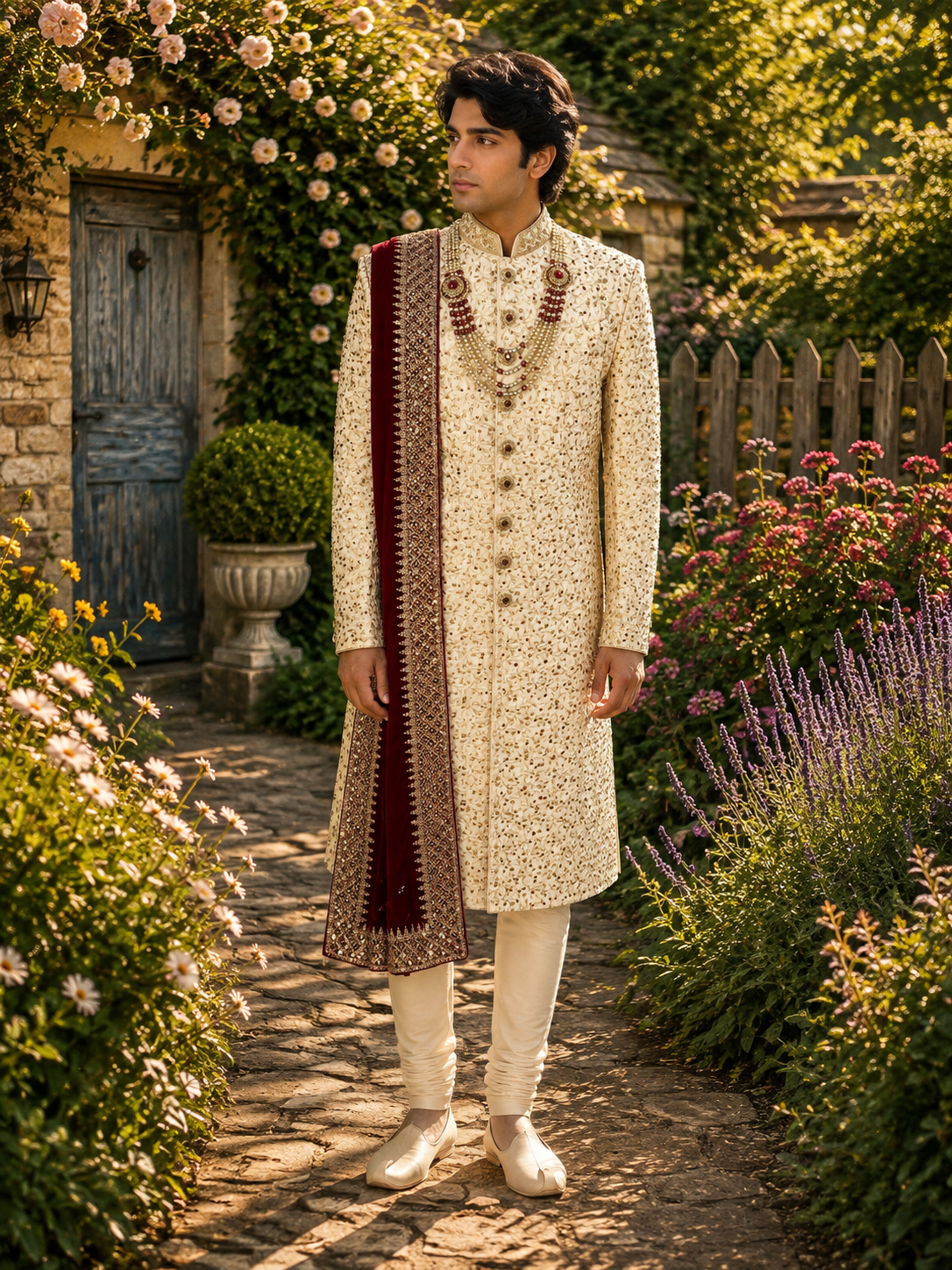 Golden Wedding Groom Sherwani - Marron Zarkan | Sherwani For Men
