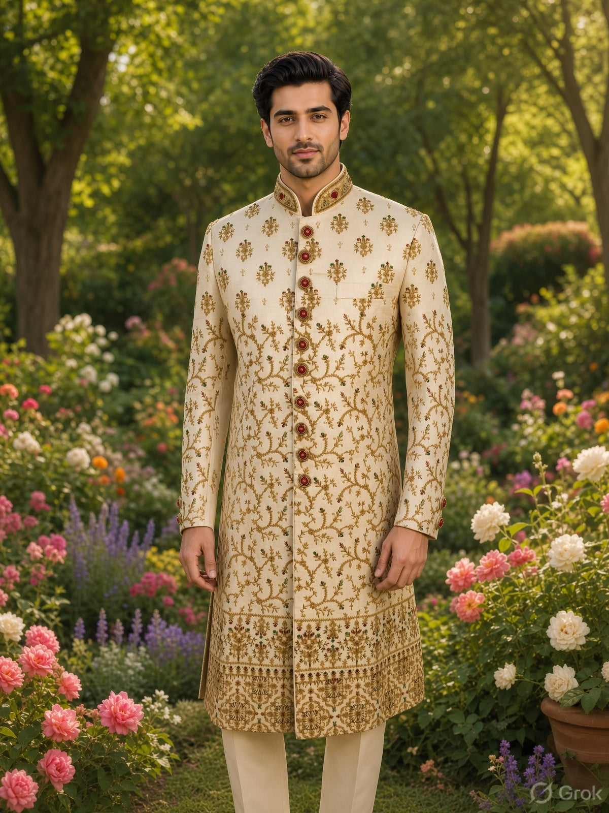 Beige Wedding Groom Sherwani - Red Green Motif Embroidery | Sherwani For Men