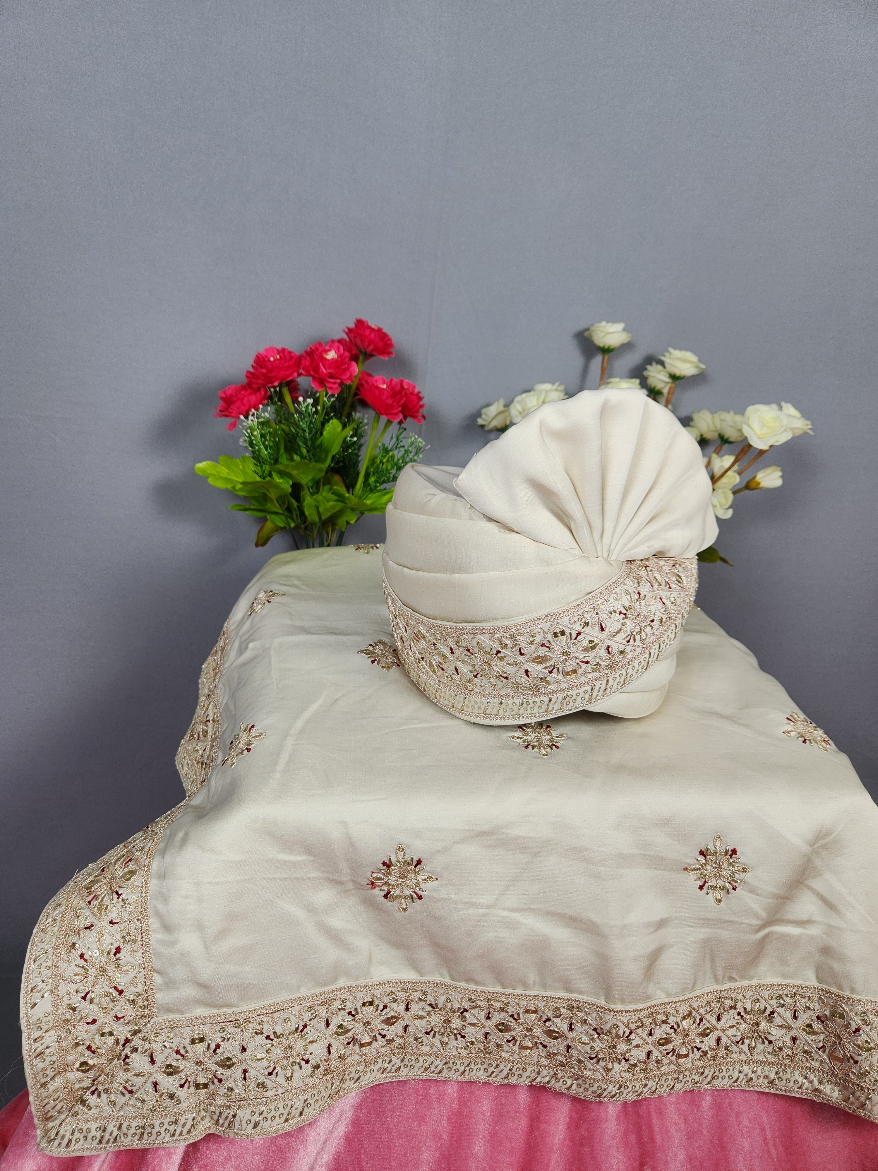 Beige Groom Turban Shawl With Red Accent | Dupatta Safa Set For Men