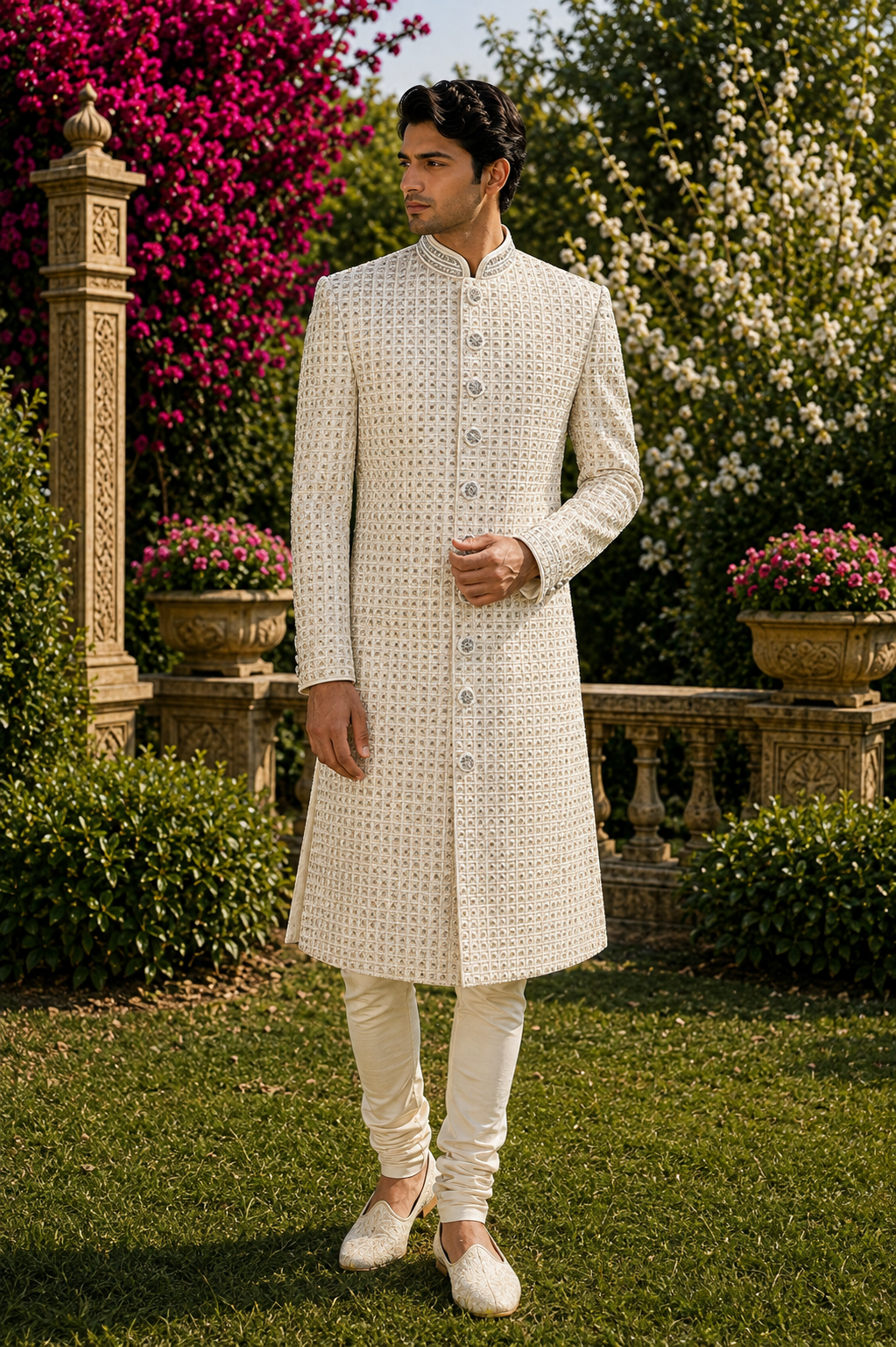 Beige Wedding Groom Sherwani - Diamond Work | Sherwani For Men