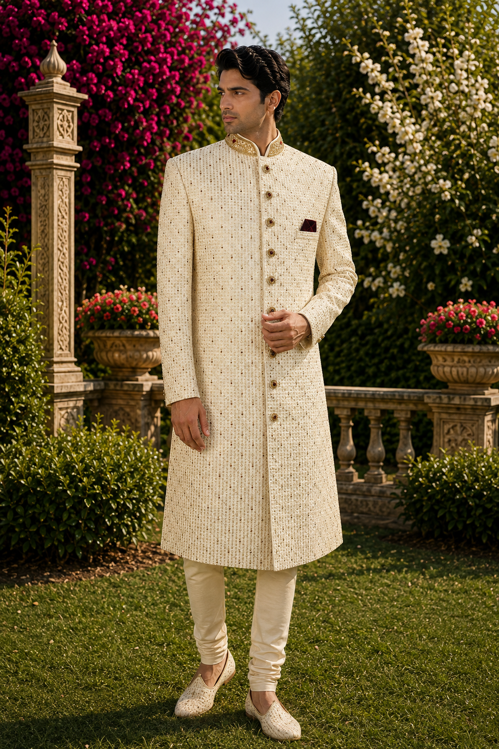 Beige Wedding Groom Sherwani - Diamond Work | Sherwani For Men