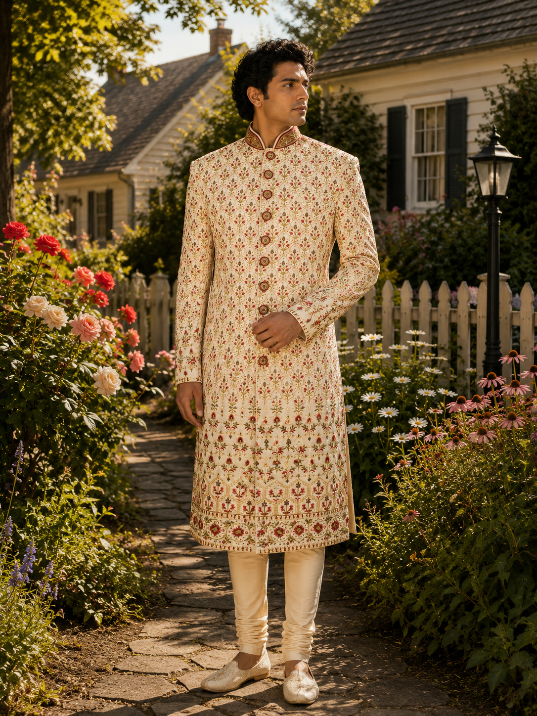 Beige Wedding Groom Sherwani - Diamond Work | Sherwani For Men
