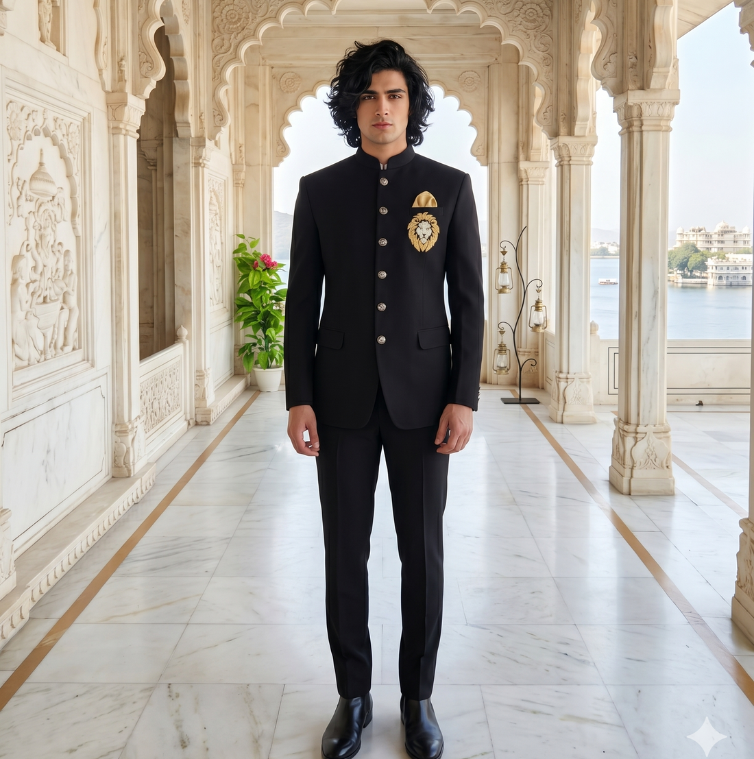 A man stands in a grand, ornate white marble corridor with arches, wearing a black traditional Indian military-style uniform with gold buttons and insignia