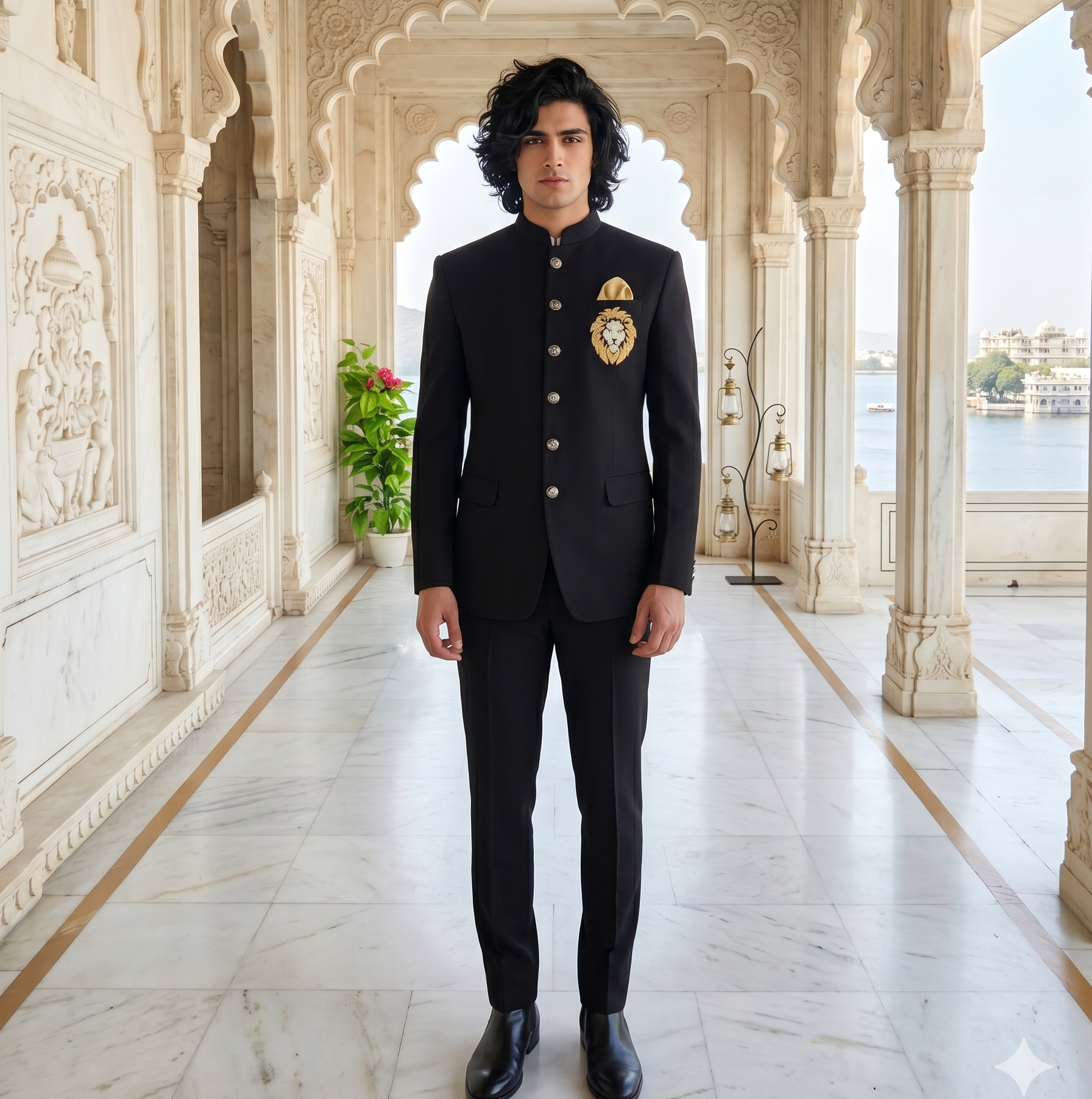 A man stands in a grand, ornate white marble corridor with arches, wearing a black traditional Indian military-style uniform with gold buttons and insignia