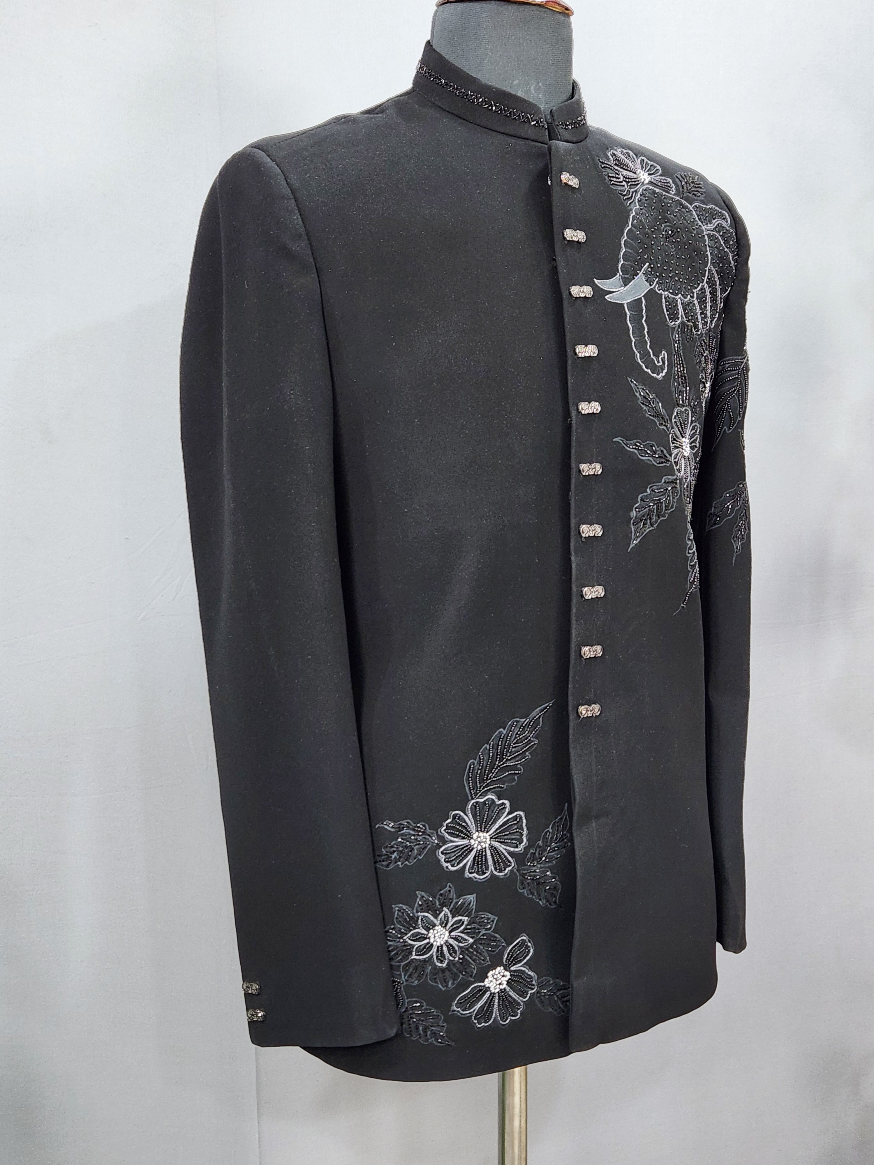 Elephant Figure Black Jodhpuri Suit for Wedding – Custom Made | Indian Groom Outfit