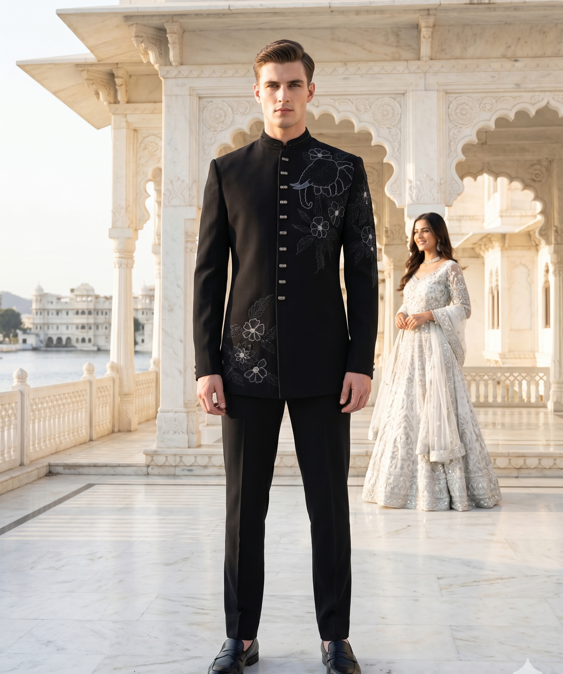 A man stands in front of a white marble palace courtyard wearing a black traditional embroidered jacket and trousers. A woman in a white gown is visible in the background