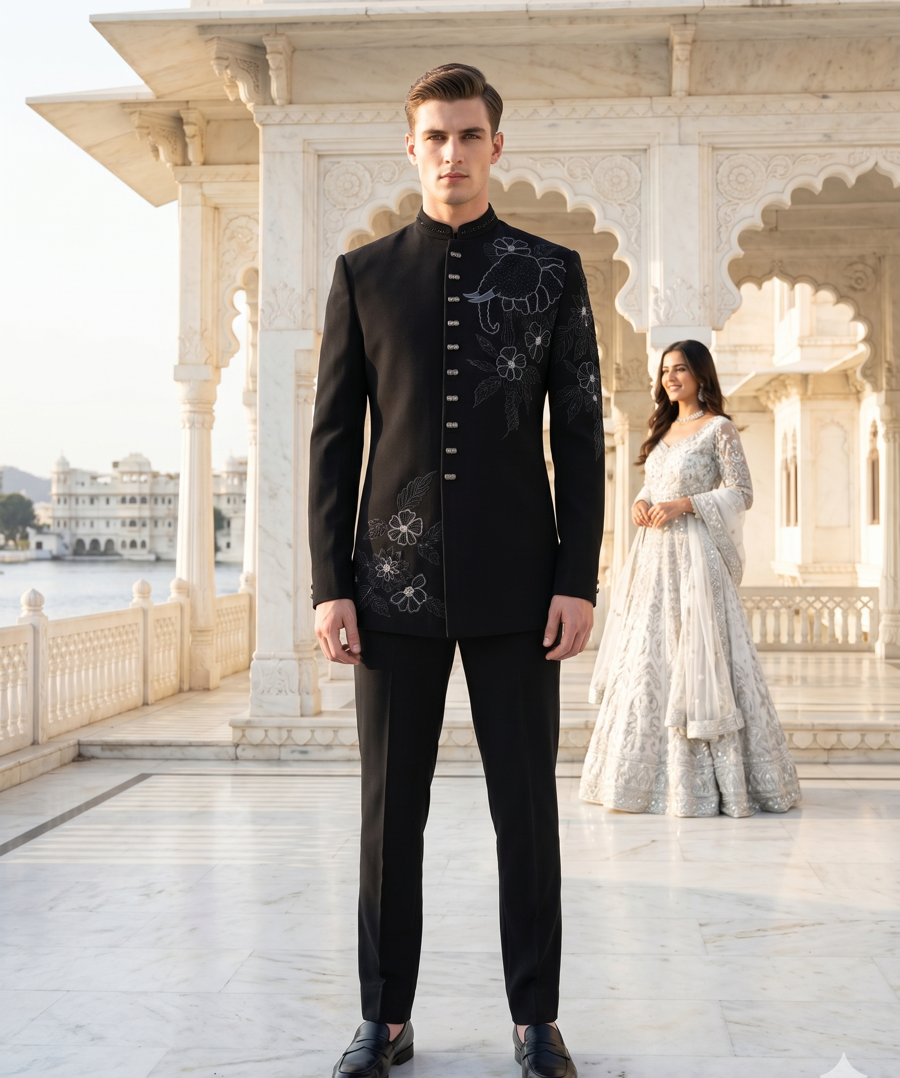 A man stands in front of a white marble palace courtyard wearing a black traditional embroidered jacket and trousers. A woman in a white gown is visible in the background