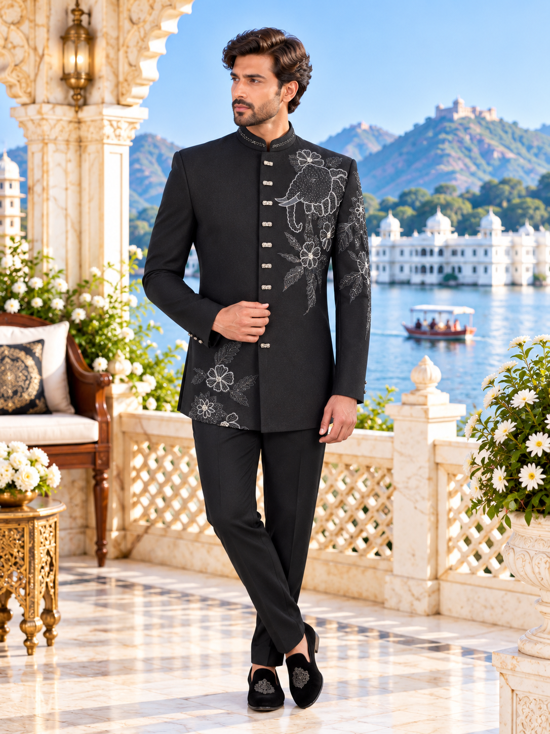 Elephant Figure Black Jodhpuri Suit for Wedding – Custom Made | Indian Groom Outfit