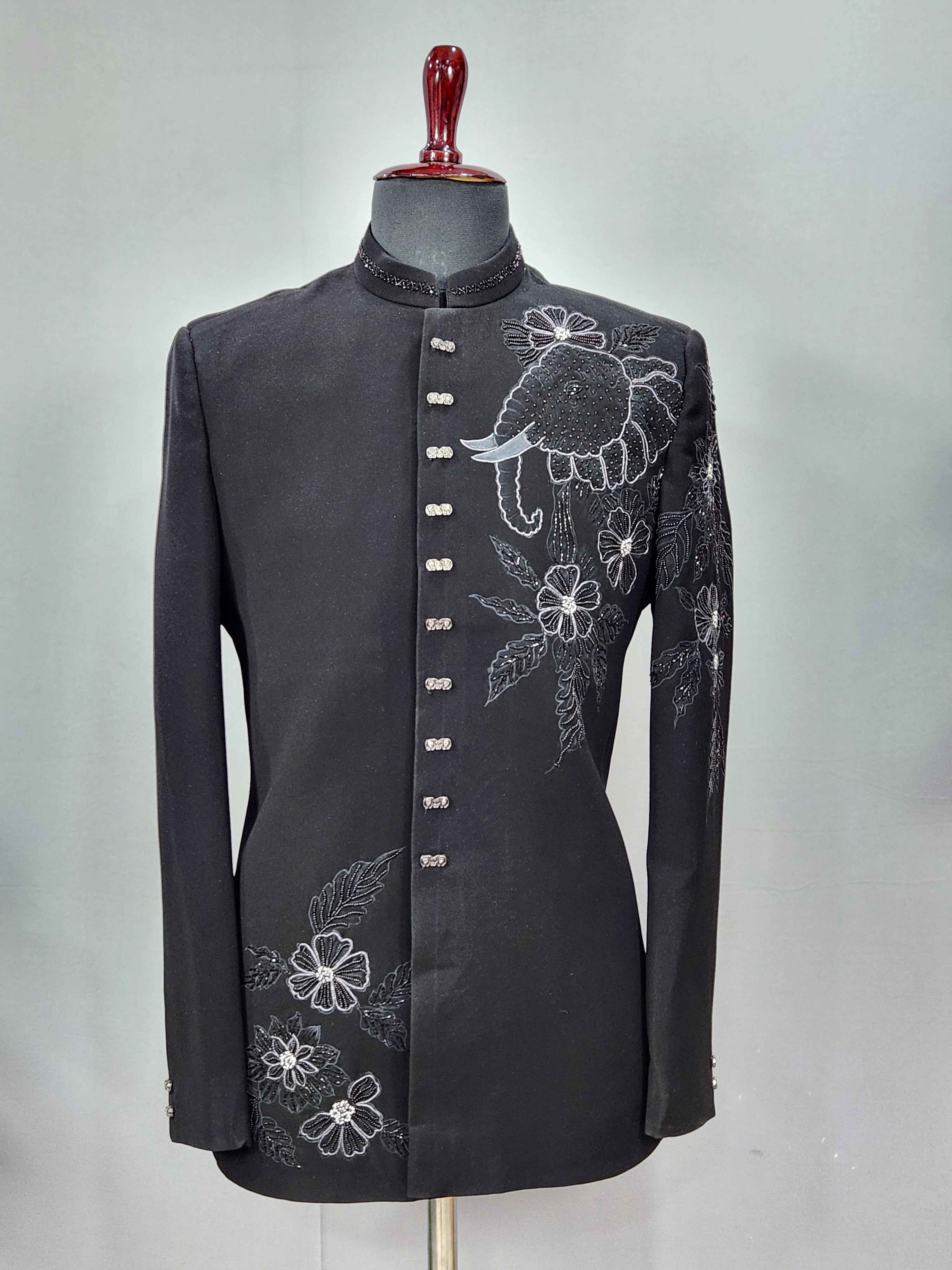 Elephant Figure Black Jodhpuri Suit for Wedding – Custom Made | Indian Groom Outfit