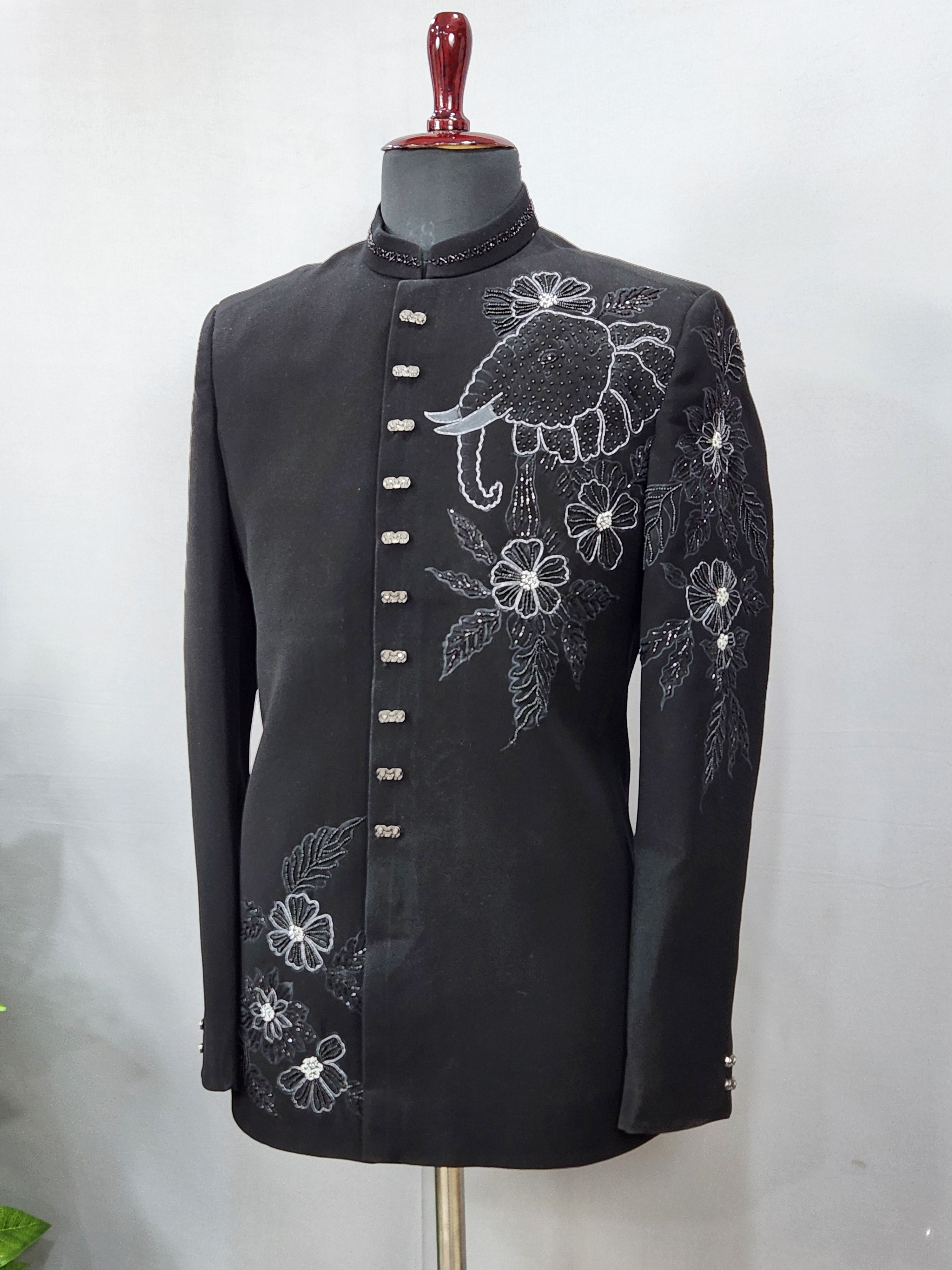 Elephant Figure Black Jodhpuri Suit for Wedding – Custom Made | Indian Groom Outfit
