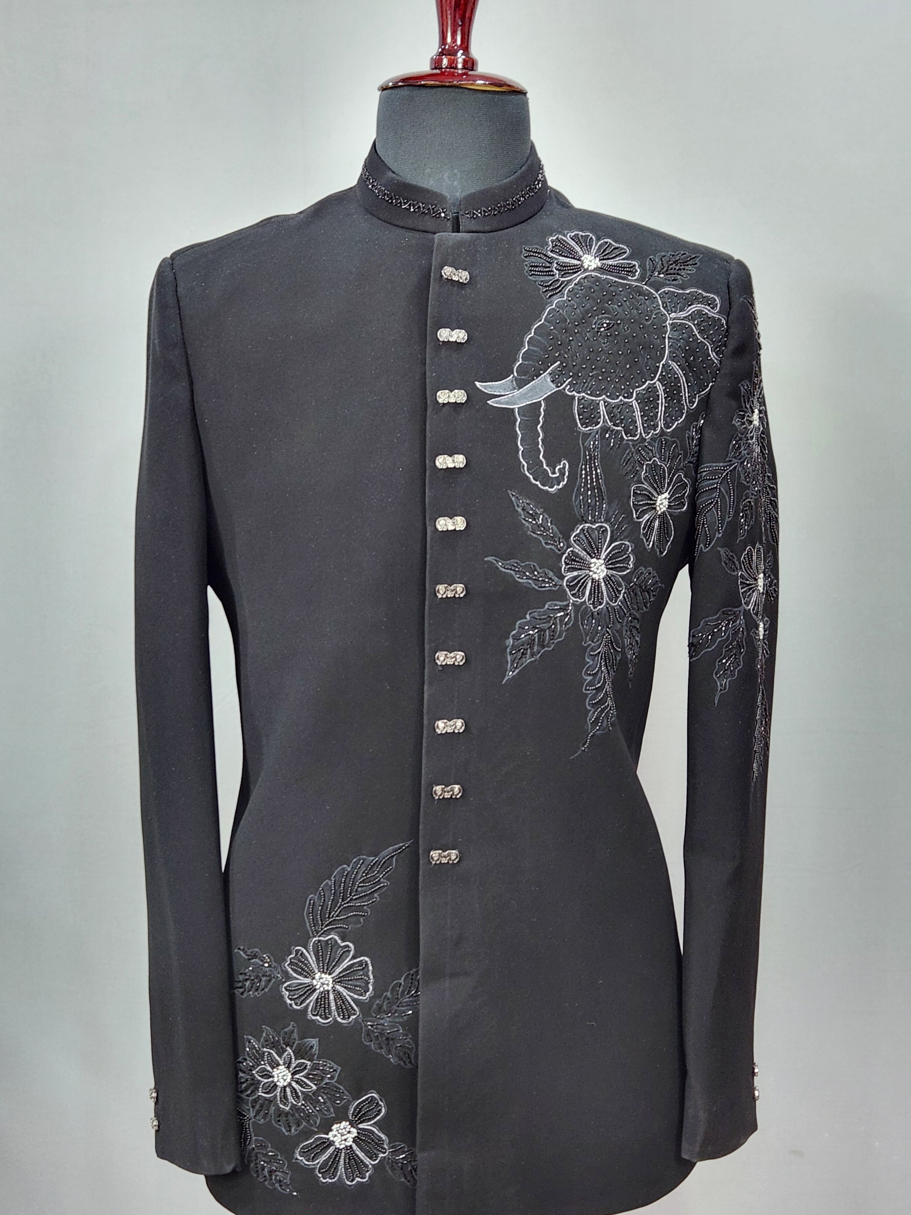 Elephant Figure Black Jodhpuri Suit for Wedding – Custom Made | Indian Groom Outfit