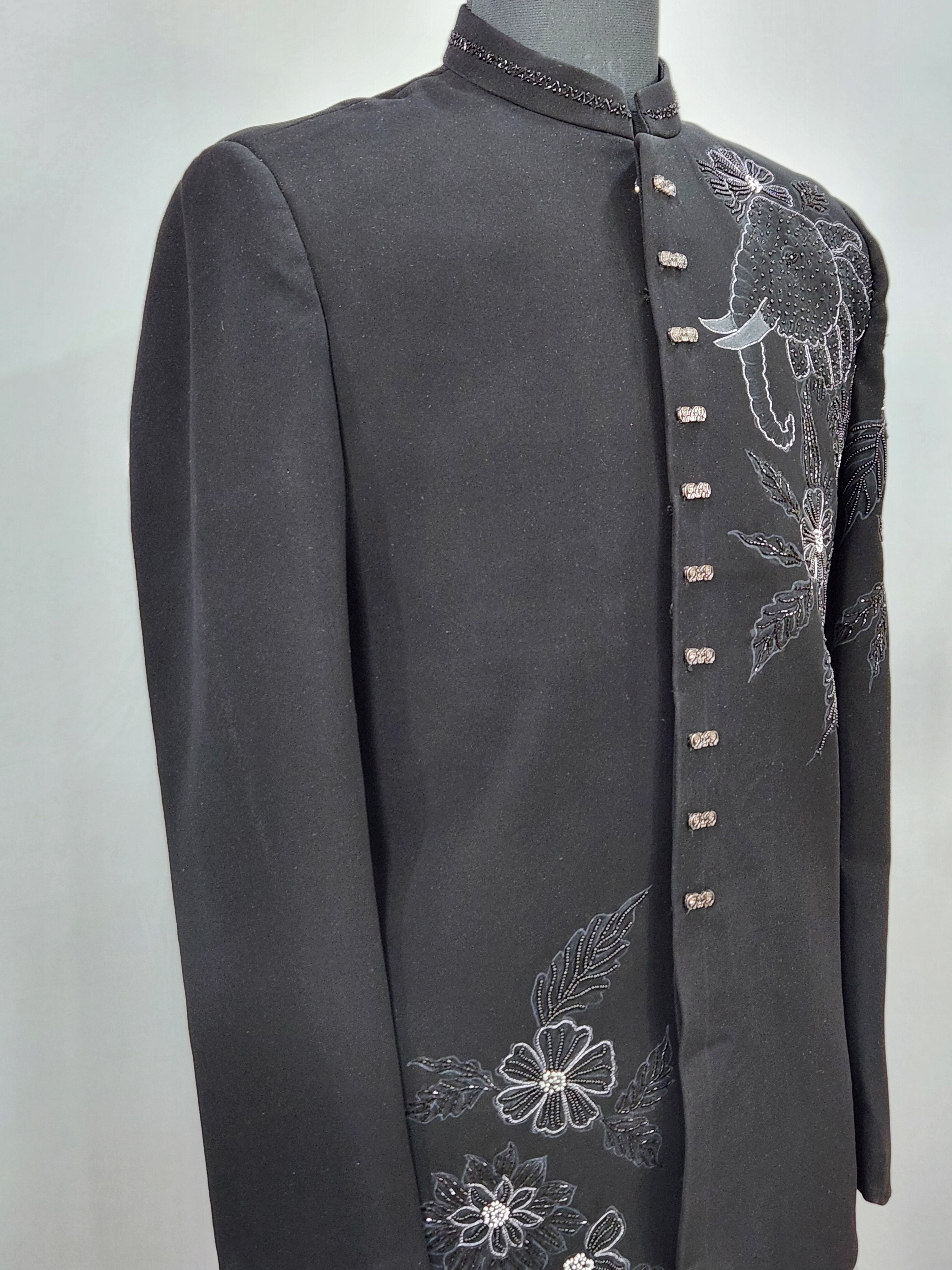 Elephant Figure Black Jodhpuri Suit for Wedding – Custom Made | Indian Groom Outfit