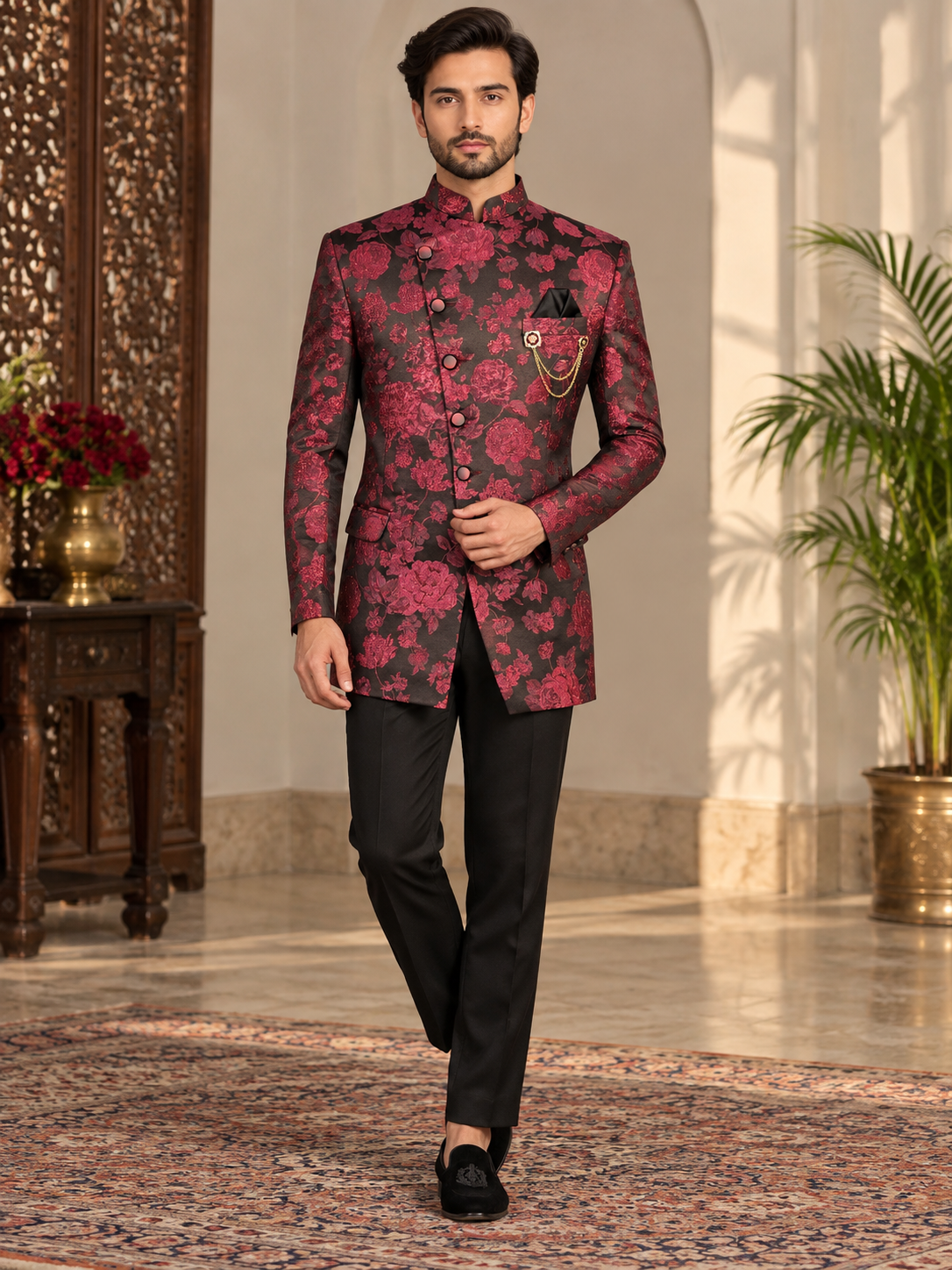 Black Floral Jodhpuri Suit for Wedding – Custom Made | Indian Groom Outfit