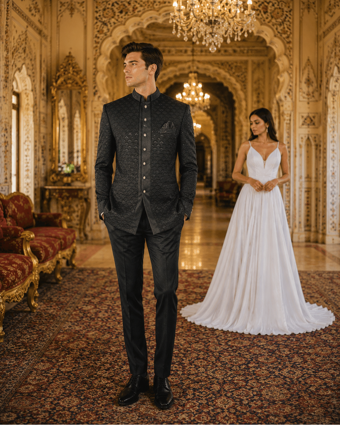A man wearing a dark textured traditional Indian suit stands in an ornate palace hallway, with a woman in a white wedding gown in the background.