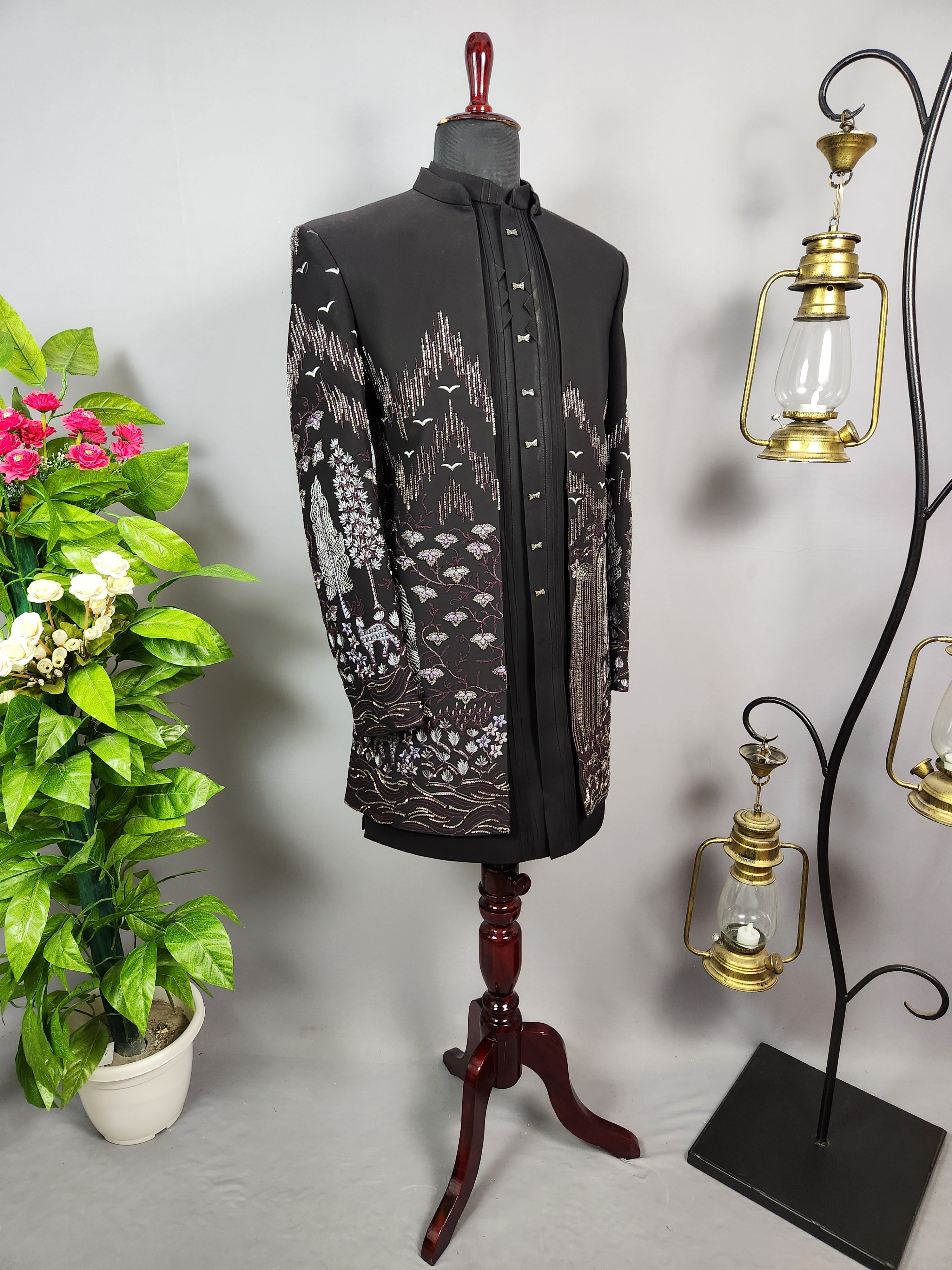 Black Indo-Western Sherwani for Men | Indian Groom Wedding Outfit