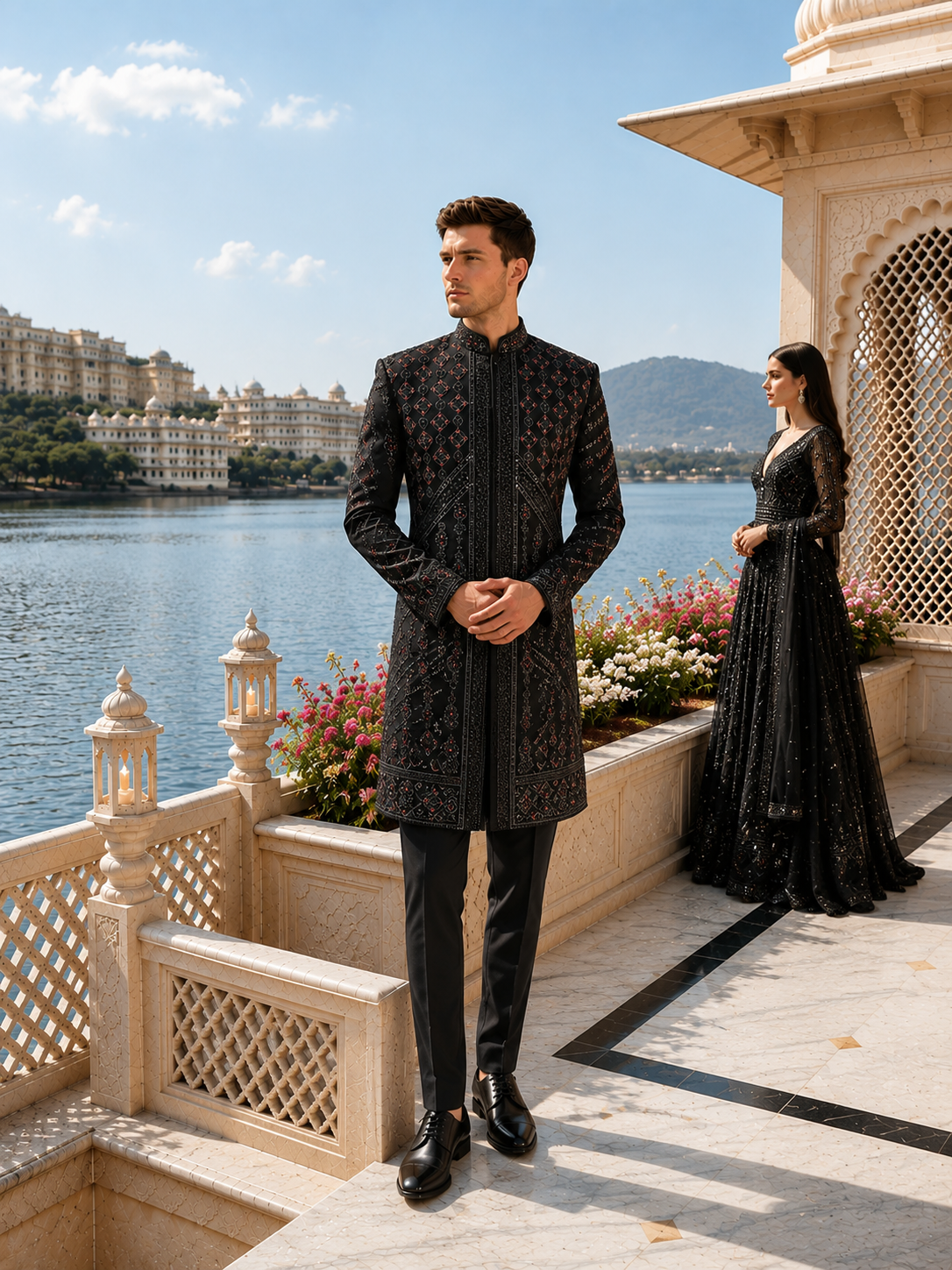 Black Indo-Western Sherwani for Men | Indian Groom Wedding Outfit