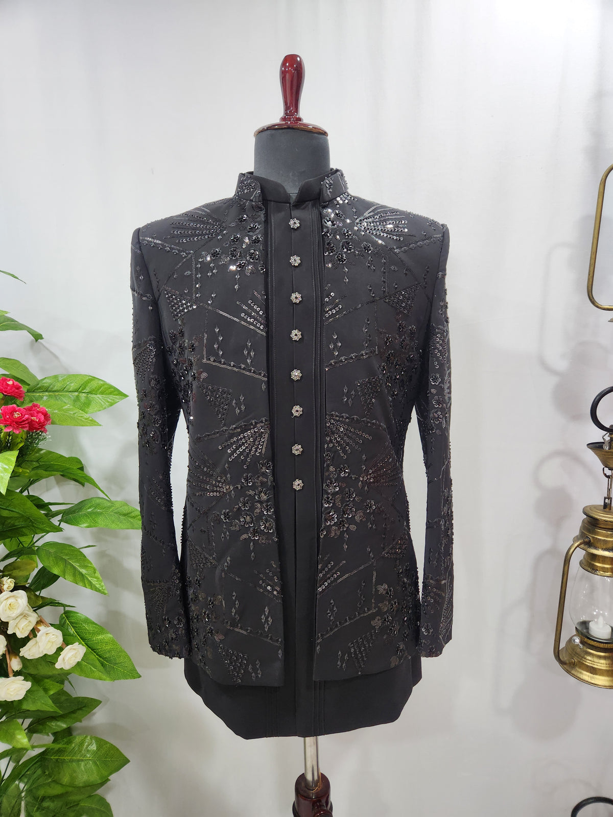 Black Indo-Western Sherwani with Shawl for Men | Indian Groom Wedding Outfit