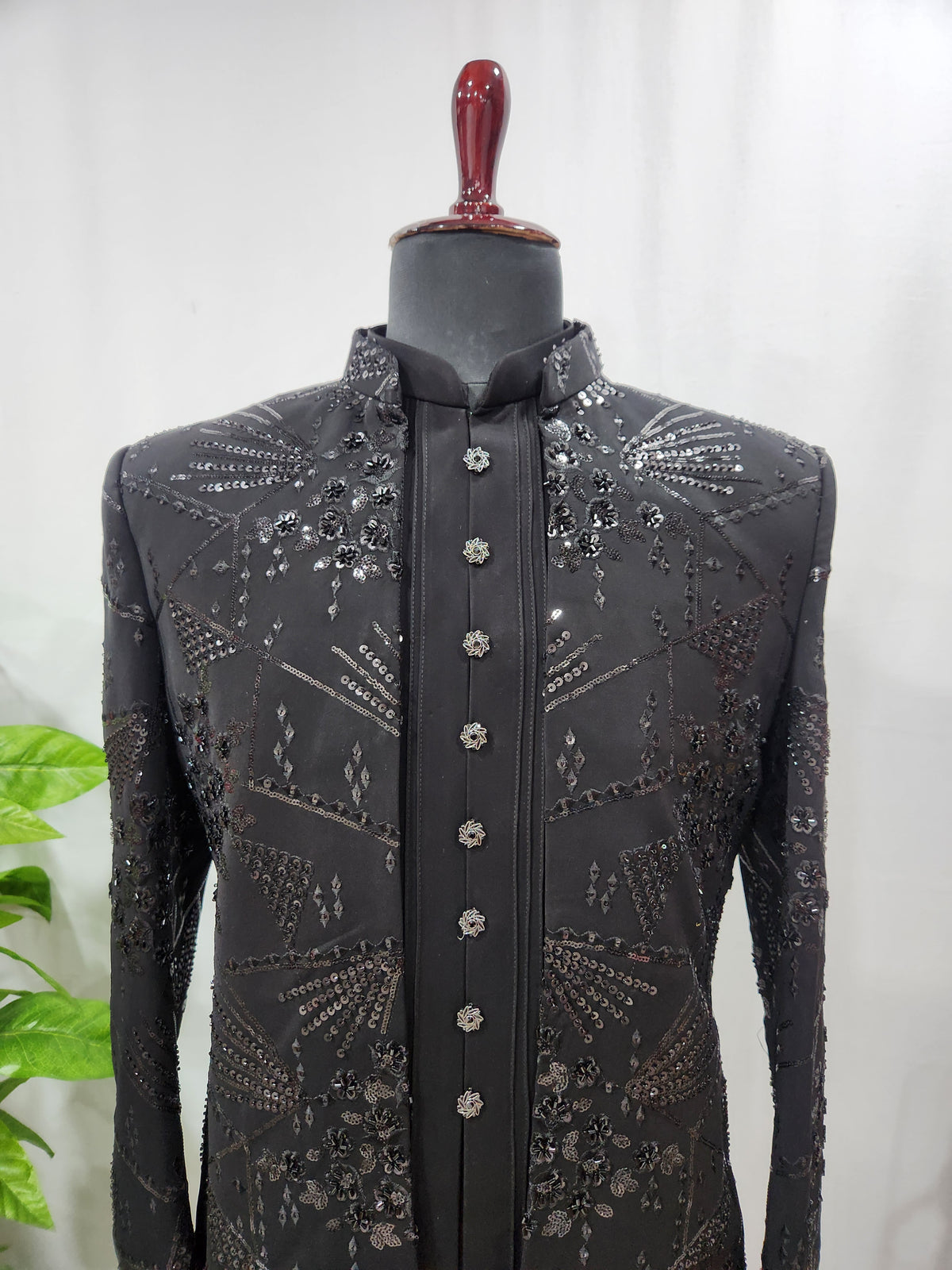 Black Indo-Western Sherwani with Shawl for Men | Indian Groom Wedding Outfit