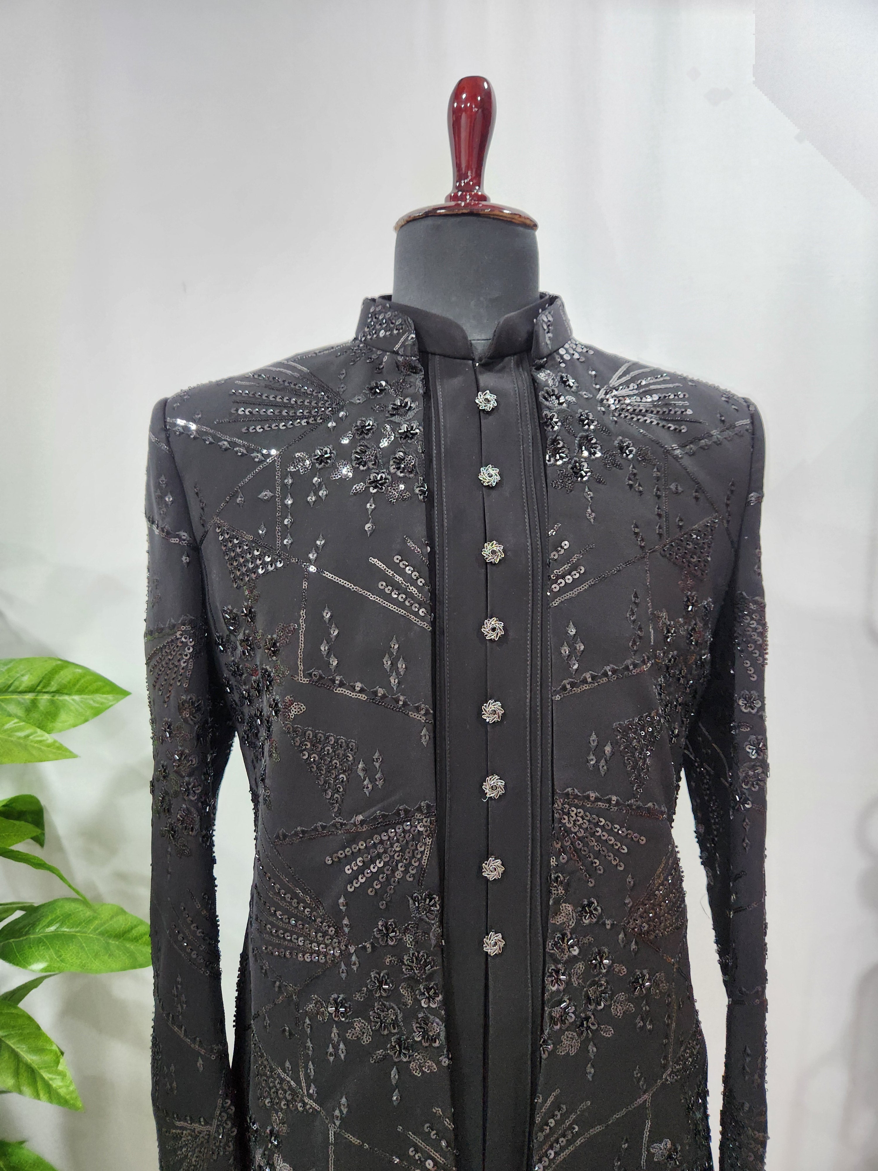 Black Indo-Western Sherwani with Shawl for Men | Indian Groom Wedding Outfit