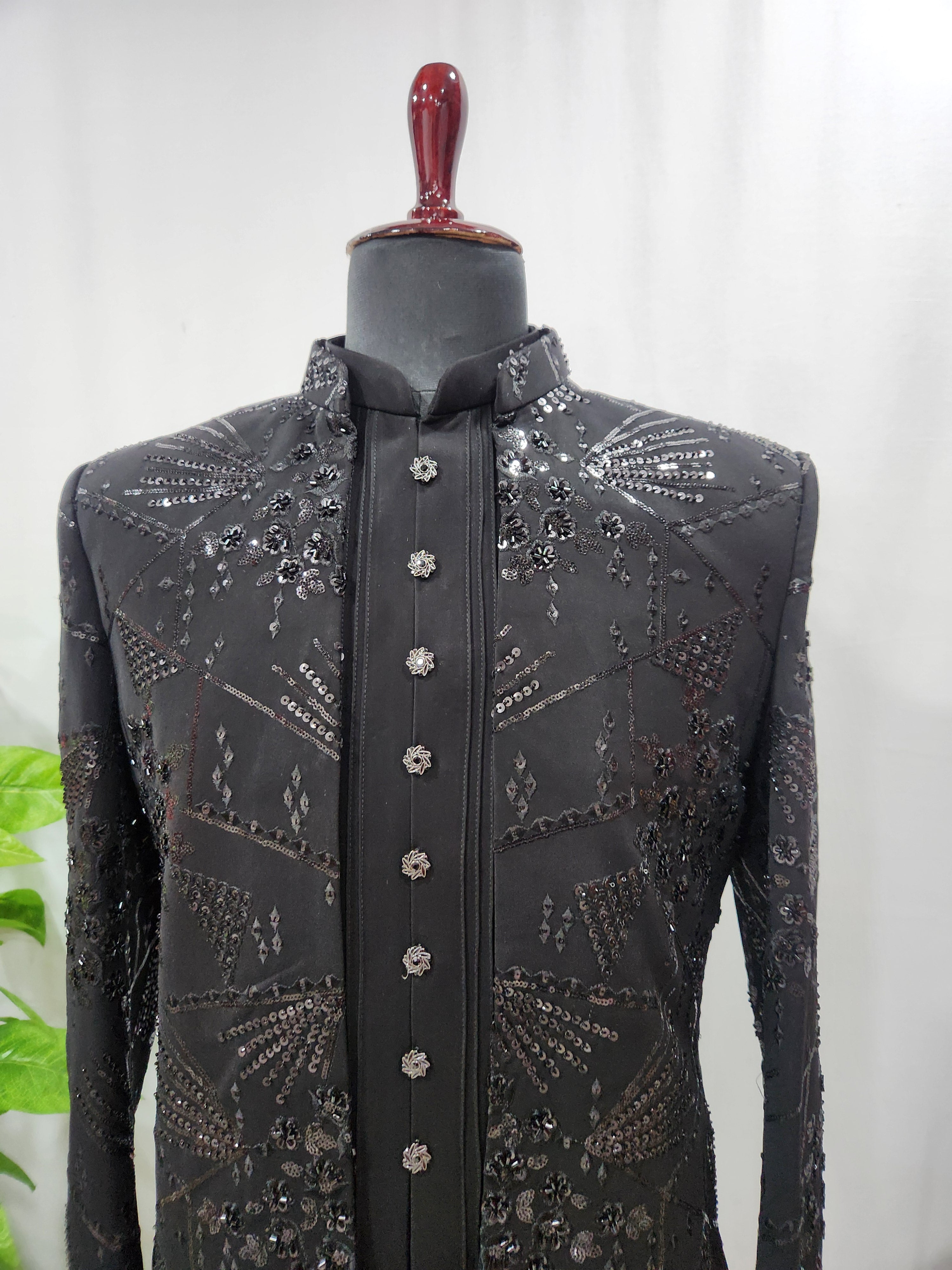 Black Indo-Western Sherwani with Shawl for Men | Indian Groom Wedding Outfit