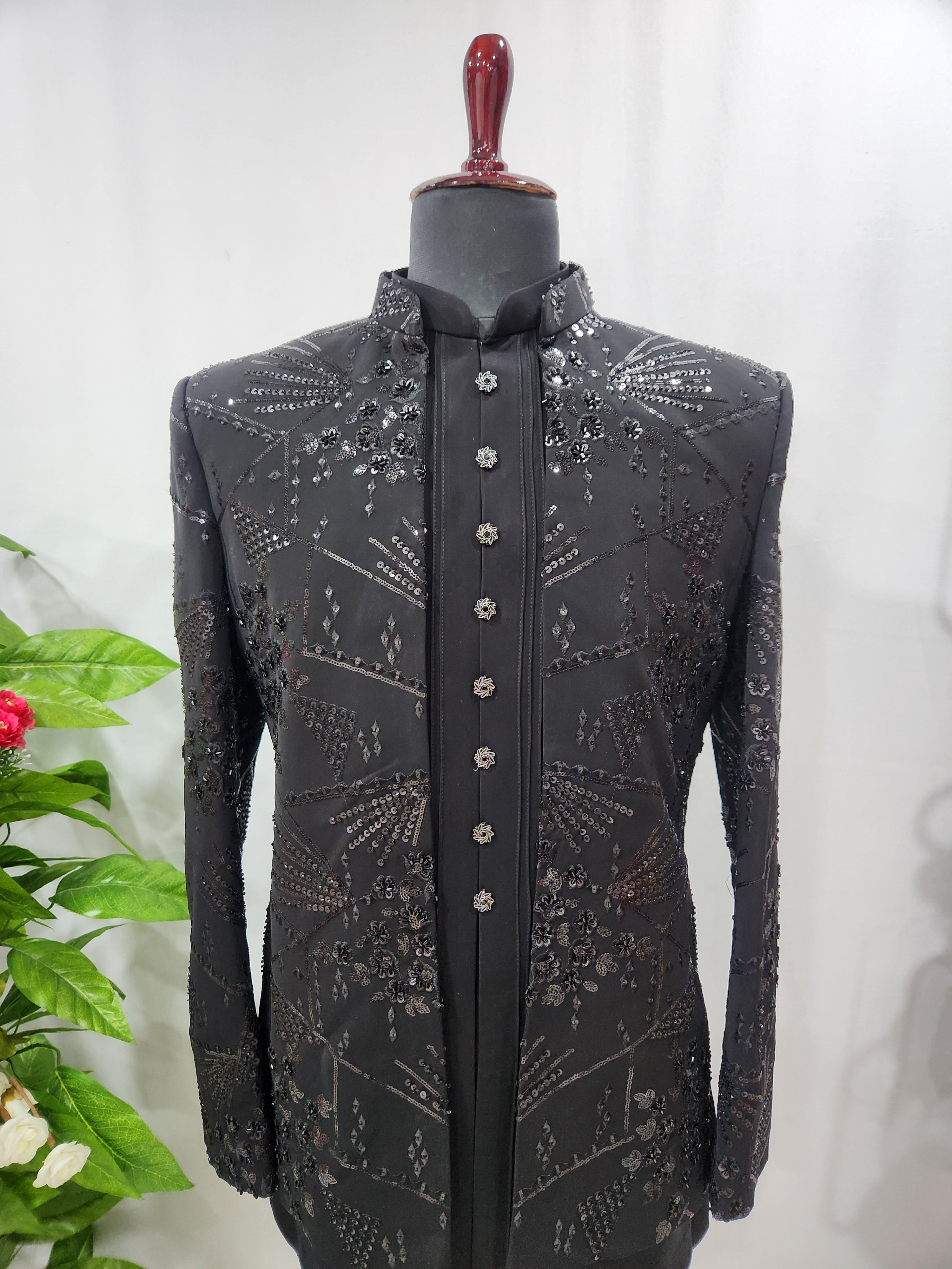 Black Indo-Western Sherwani with Shawl for Men | Indian Groom Wedding Outfit