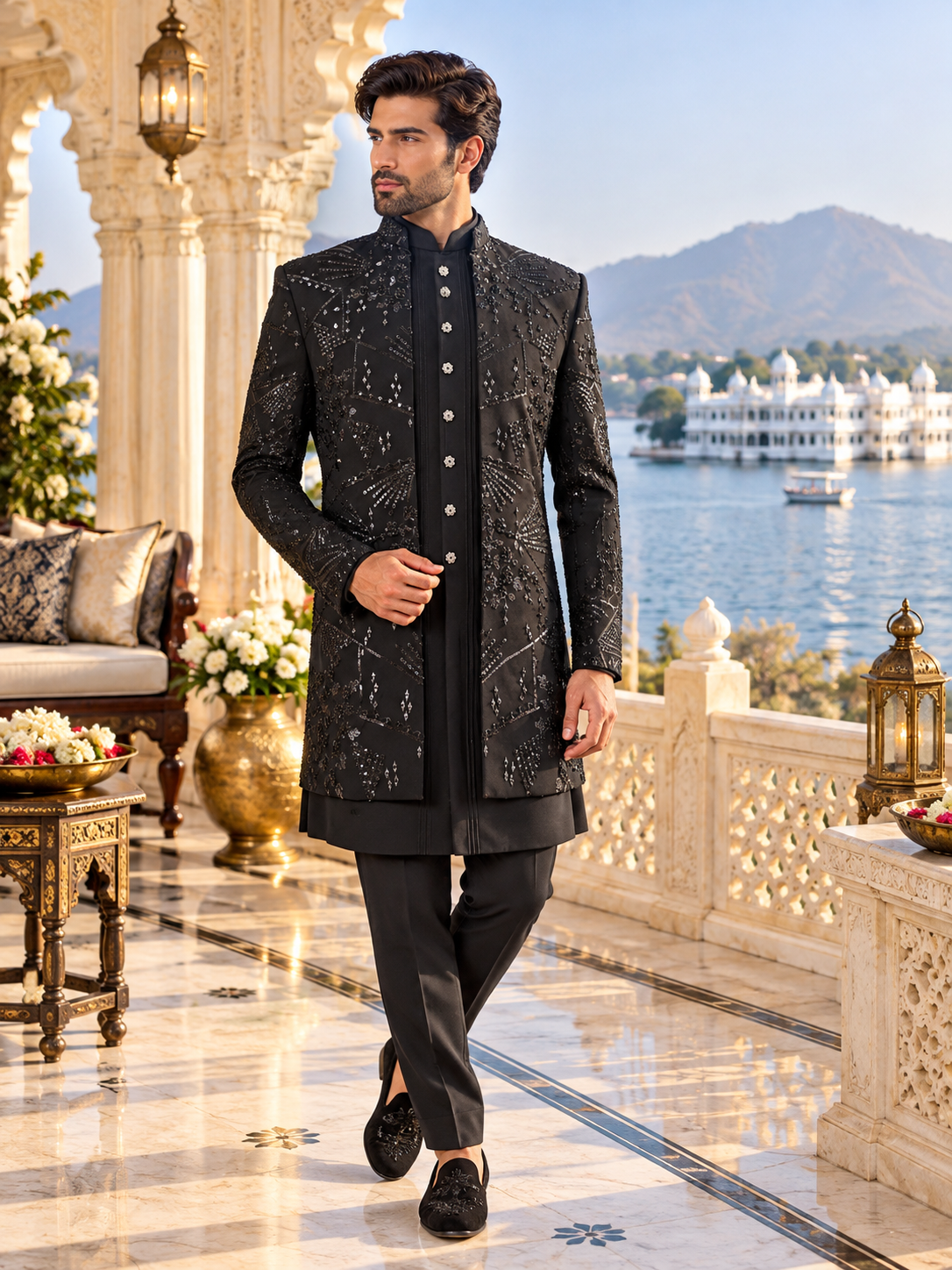 Black Indo-Western Sherwani with Shawl for Men | Indian Groom Wedding Outfit