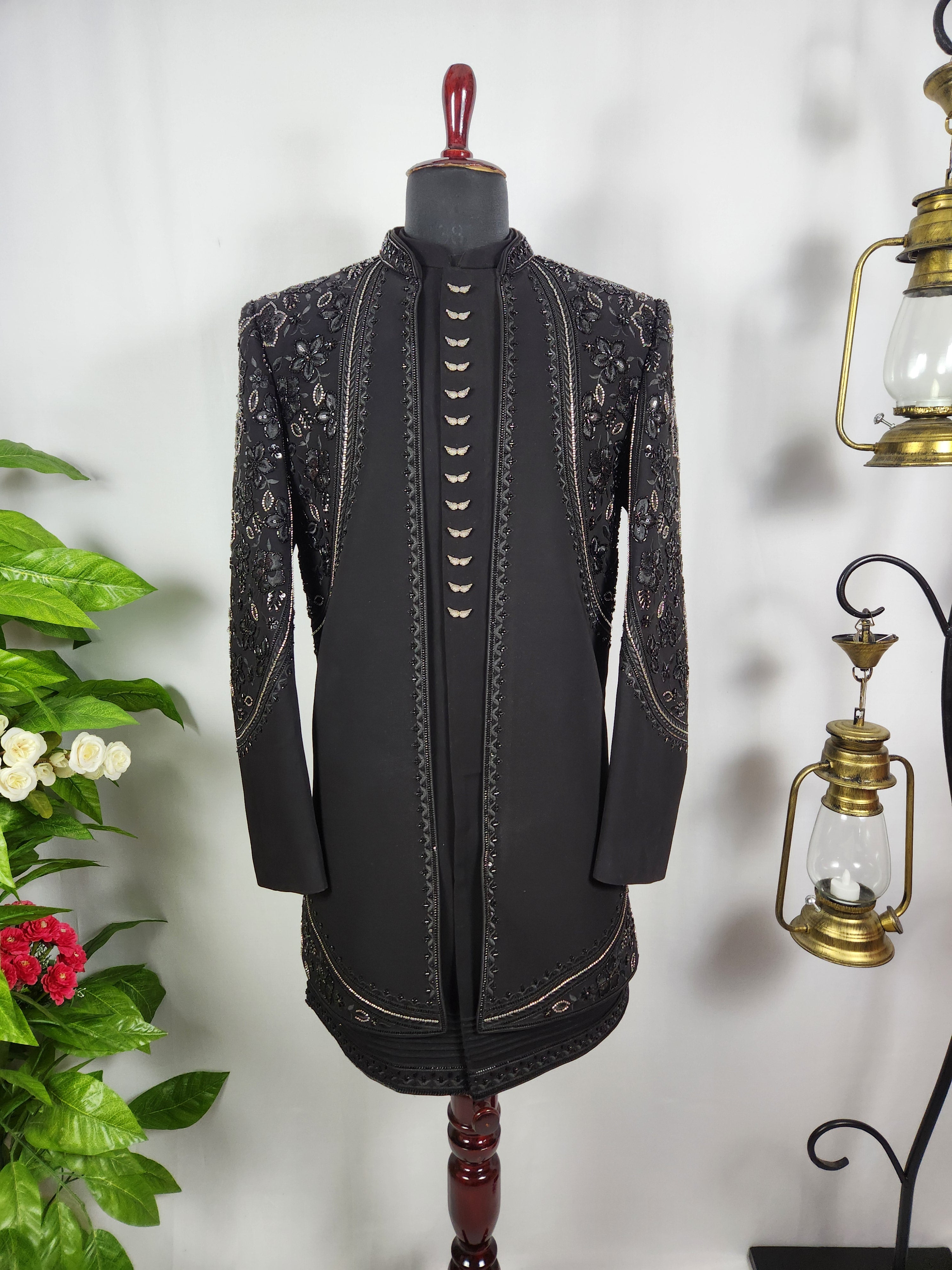 Black Indo-Western Sherwani for Men | Indian Groom Wedding Outfit