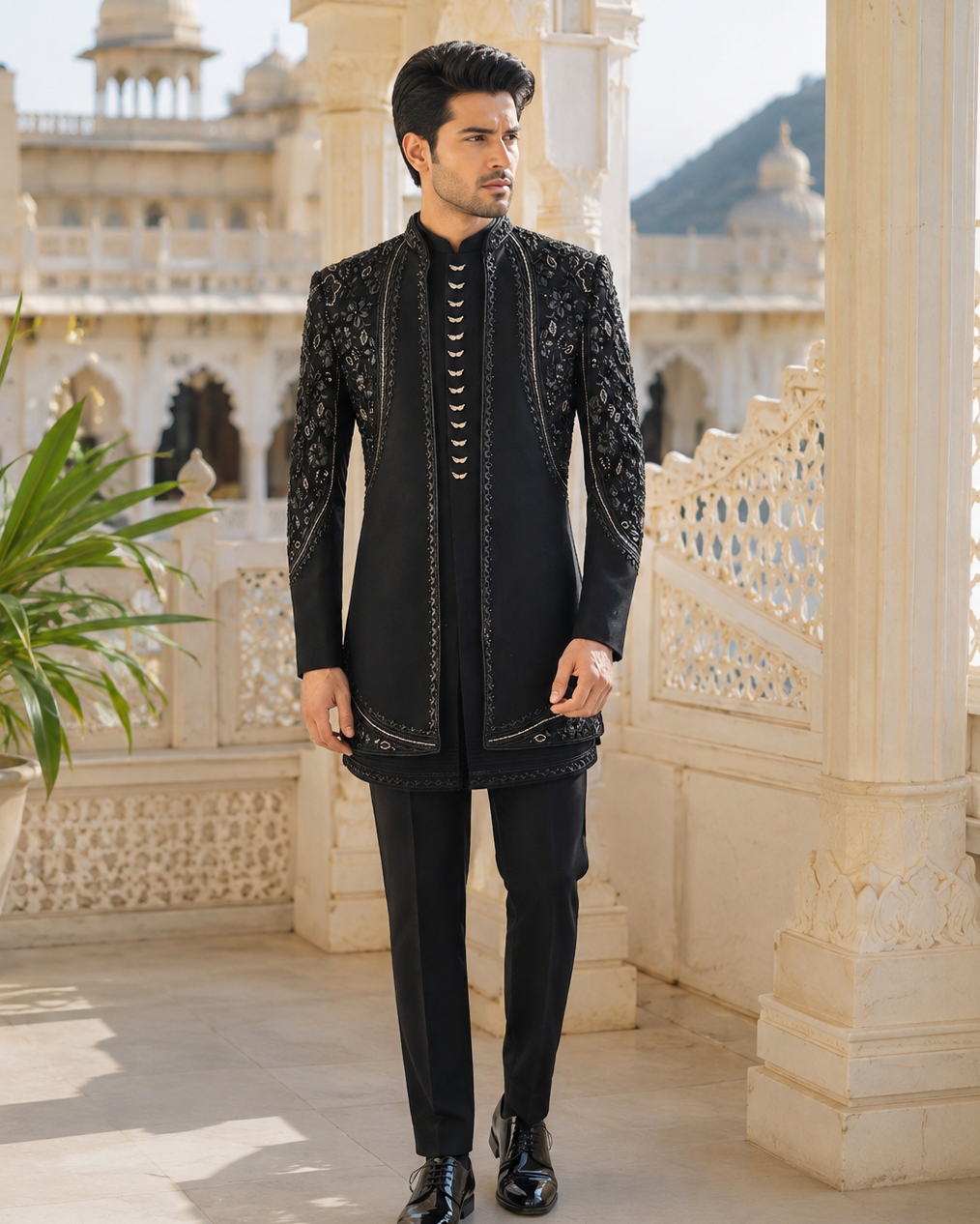 A man modeling a black traditional Indian outfit with intricate silver embroidery, standing on a stone terrace with a palace and plants in the background