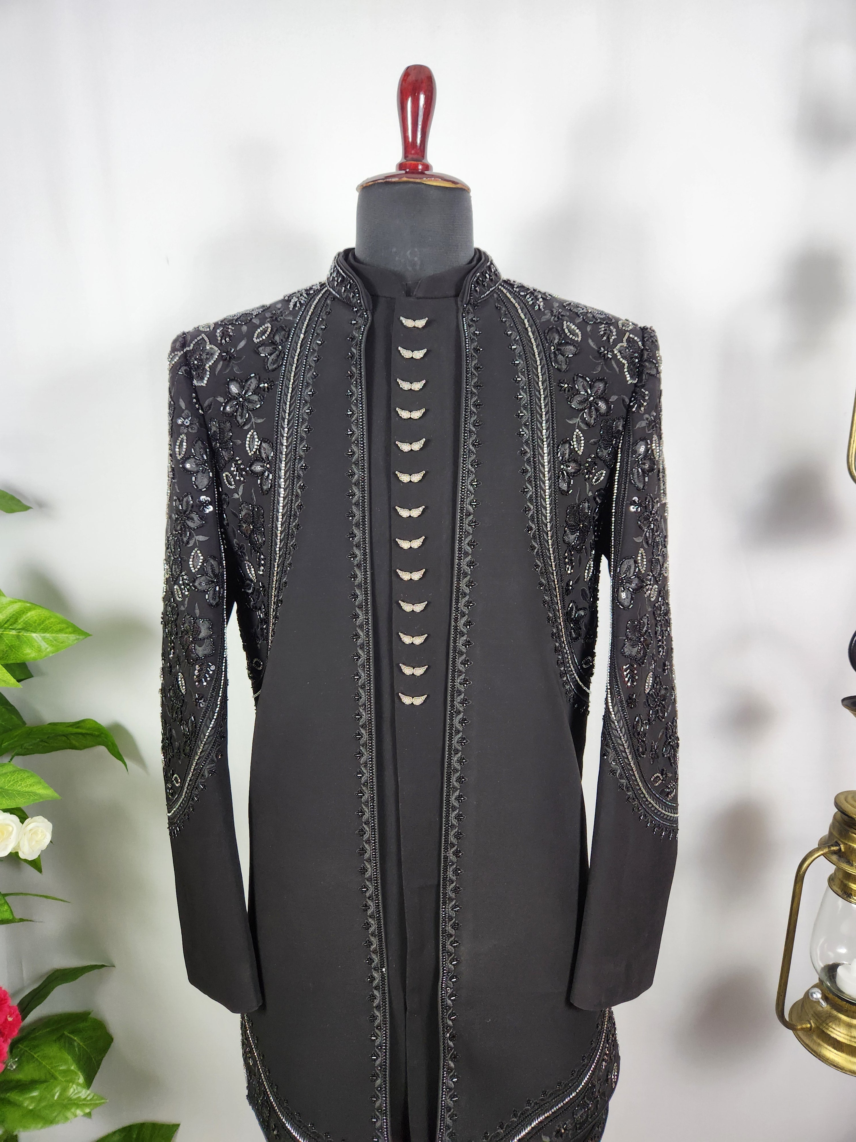 Black Indo-Western Sherwani for Men | Indian Groom Wedding Outfit