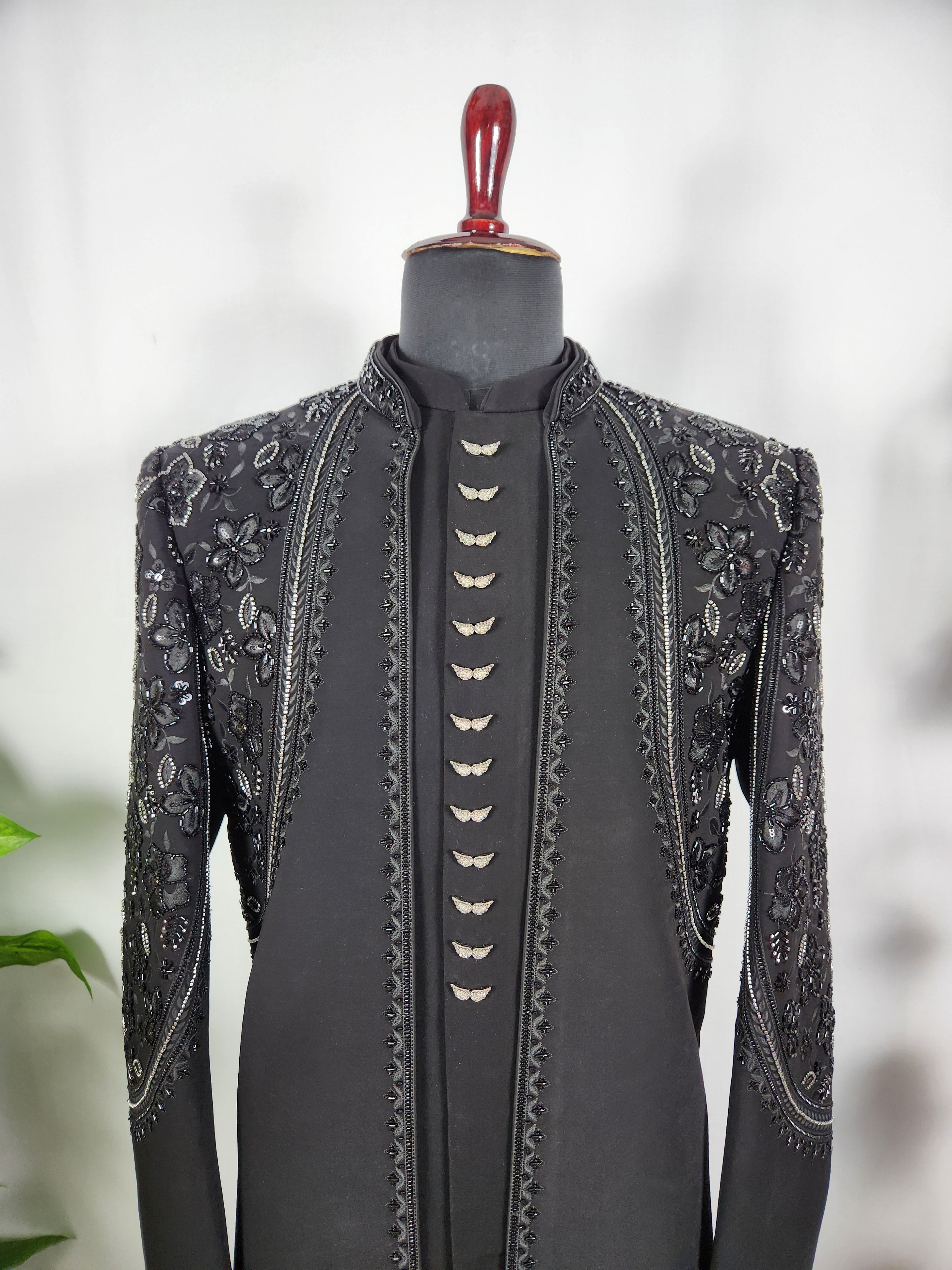 Black Indo-Western Sherwani for Men | Indian Groom Wedding Outfit