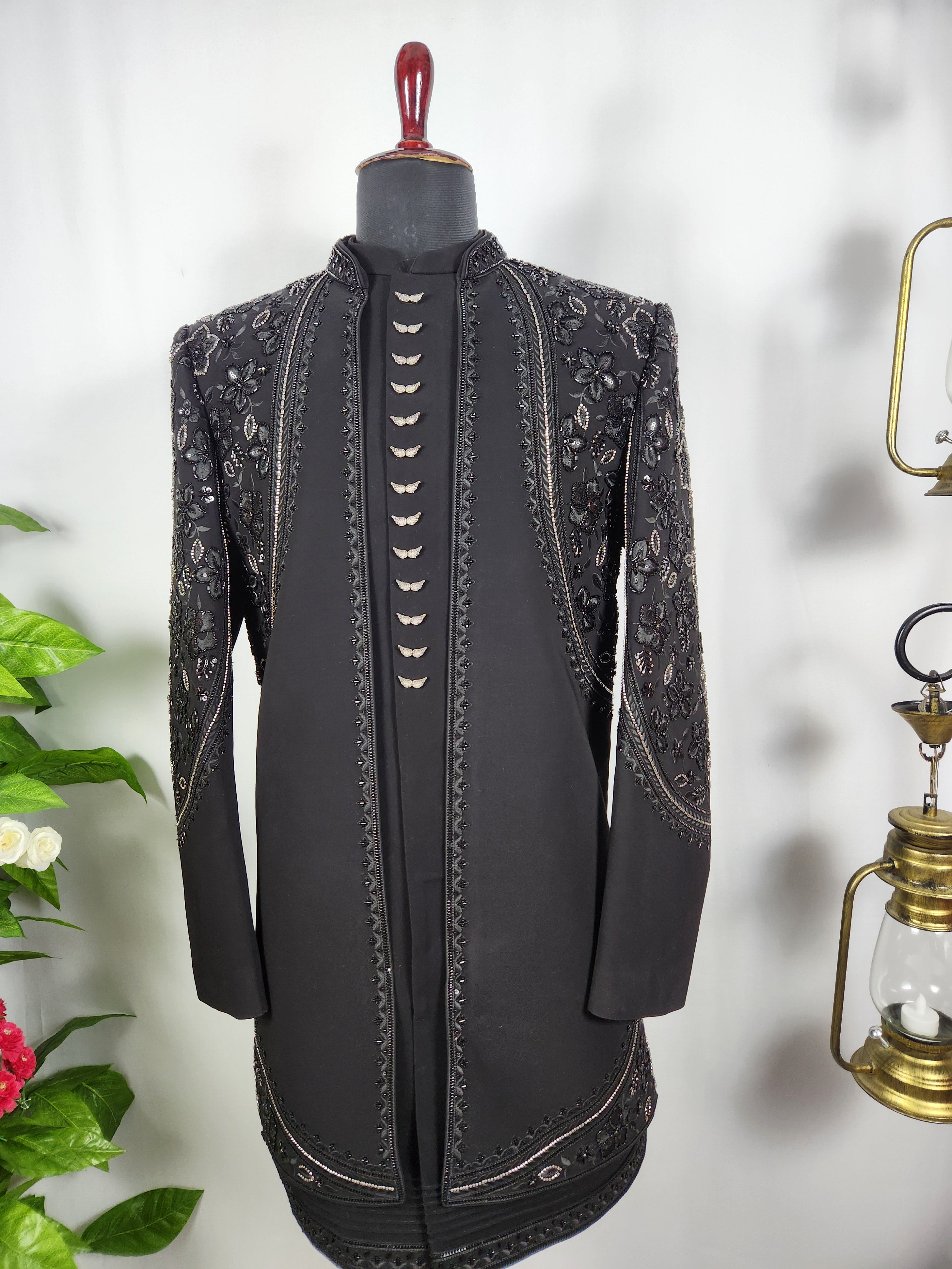 Black Indo-Western Sherwani for Men | Indian Groom Wedding Outfit