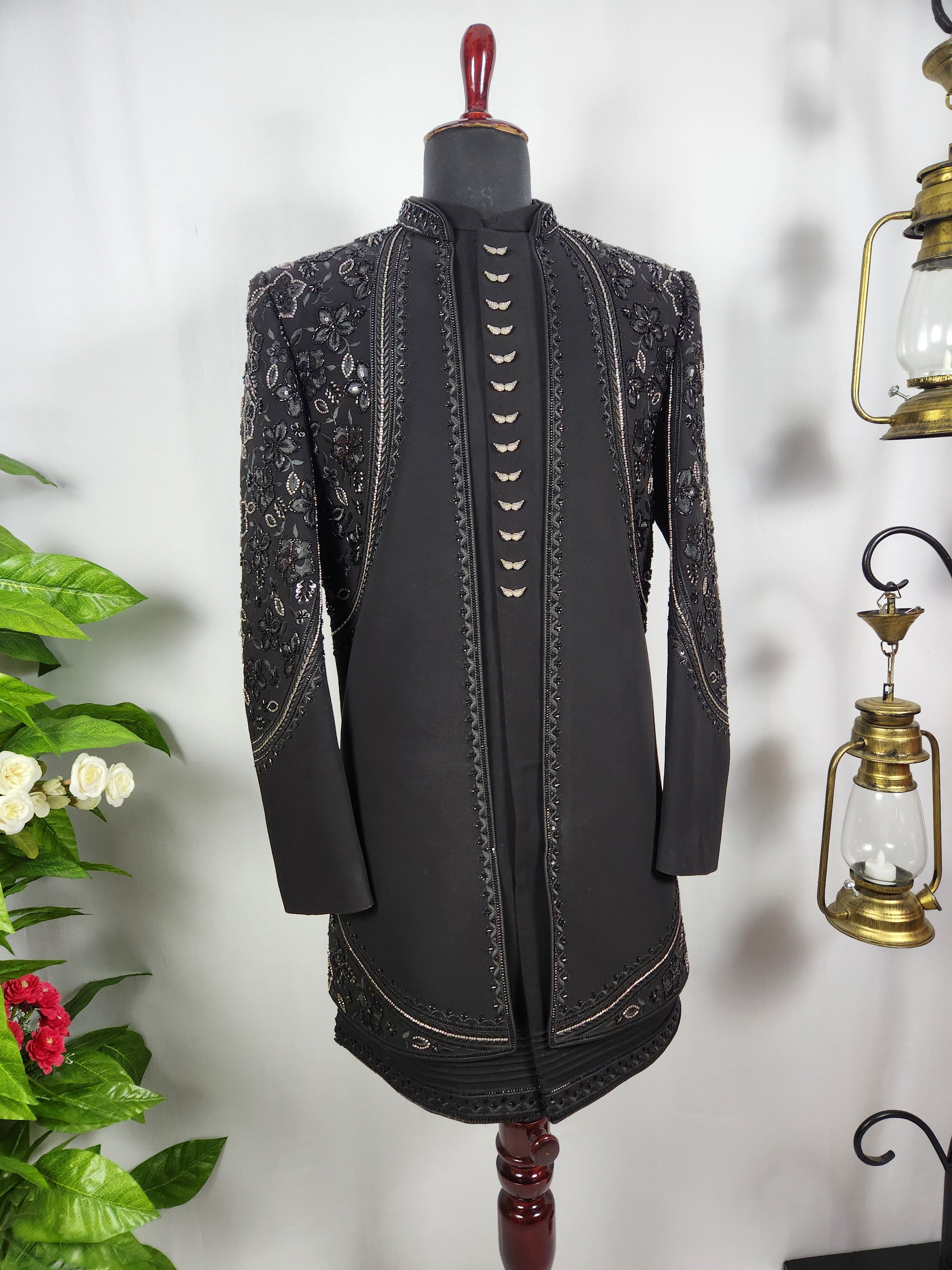 Black Indo-Western Sherwani for Men | Indian Groom Wedding Outfit
