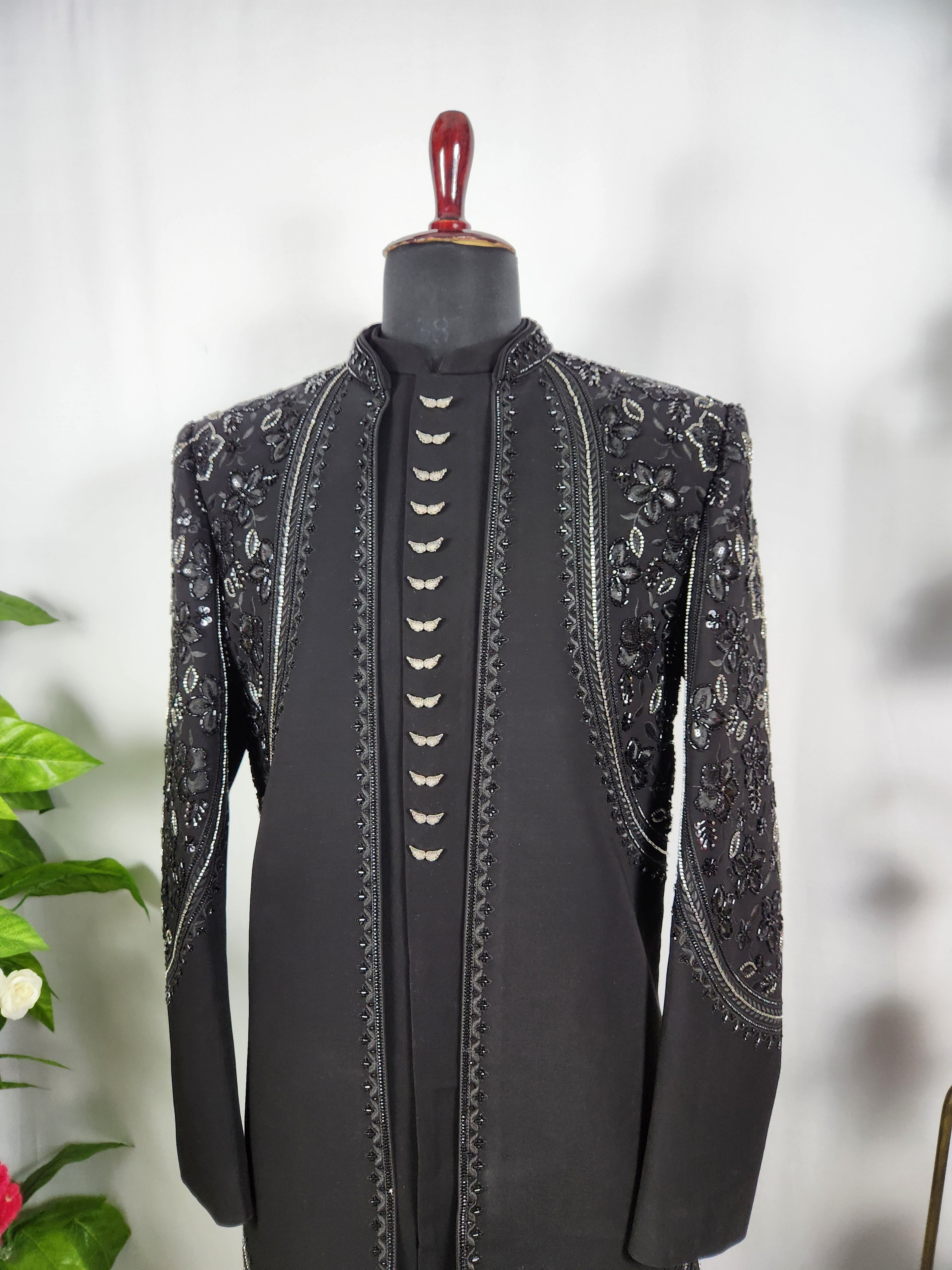 Black Indo-Western Sherwani for Men | Indian Groom Wedding Outfit