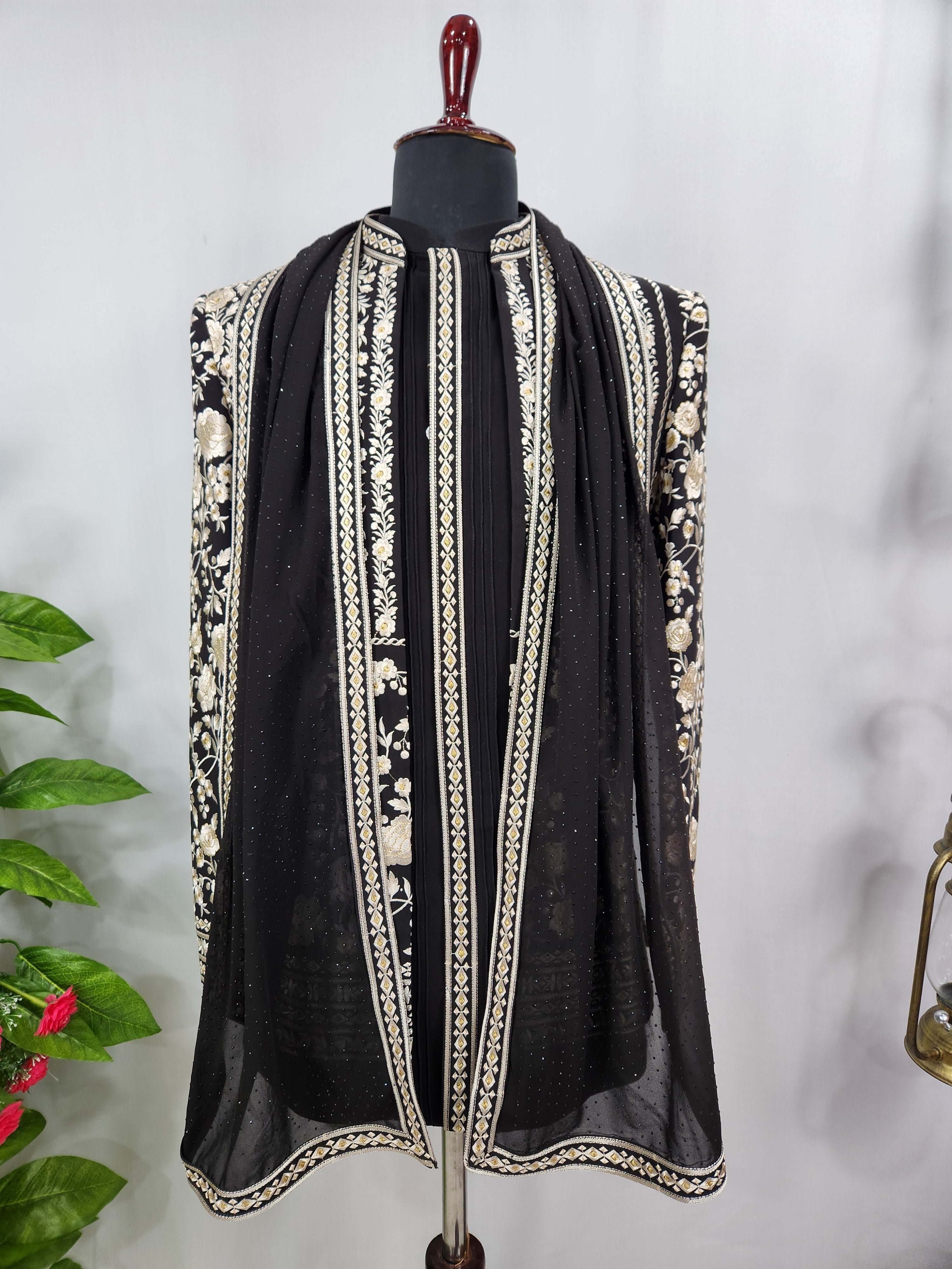 Black Indo-Western Sherwani with Shawl for Men | Indian Groom Wedding Outfit