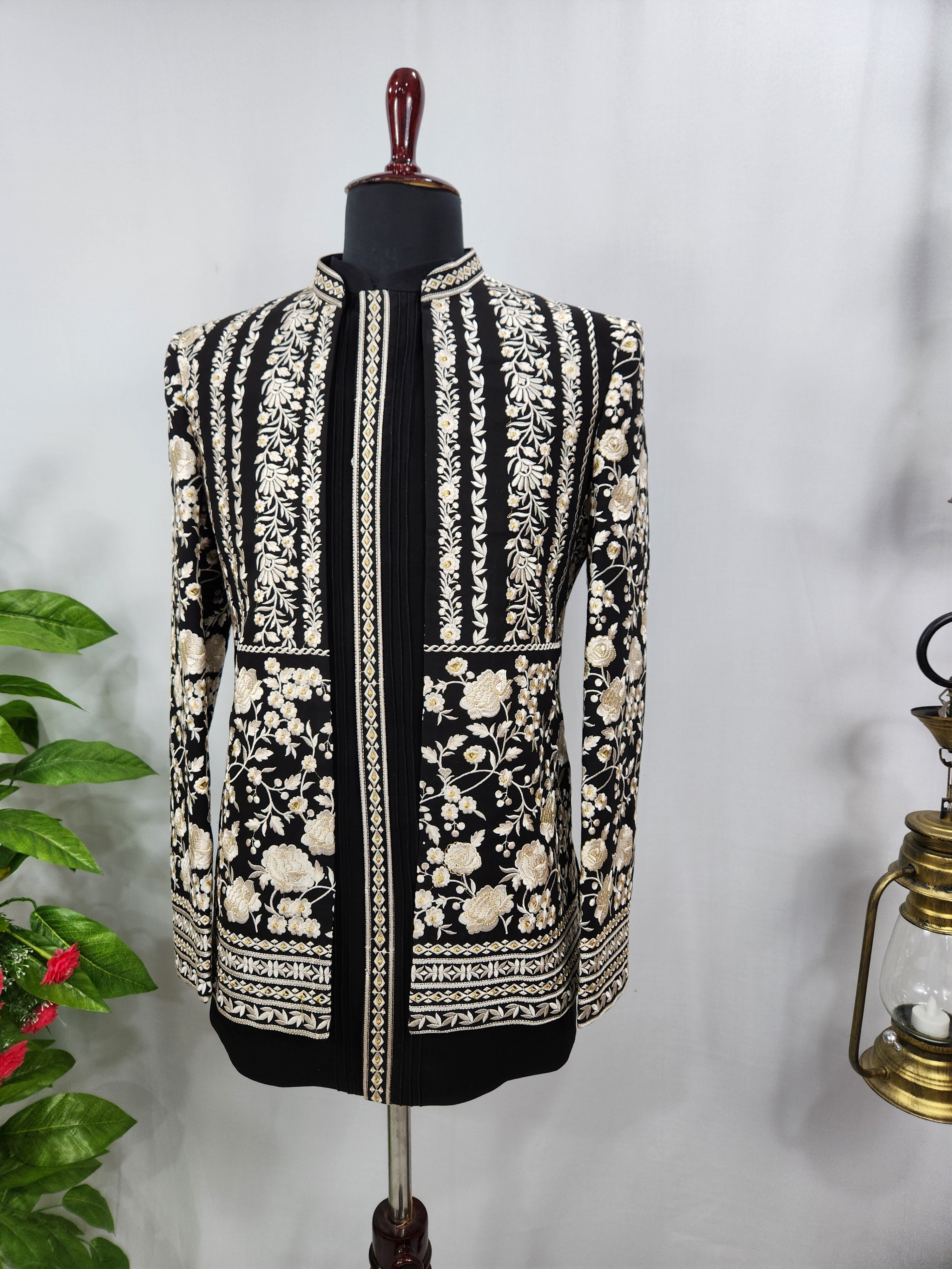 Black Indo-Western Sherwani with Shawl for Men | Indian Groom Wedding Outfit