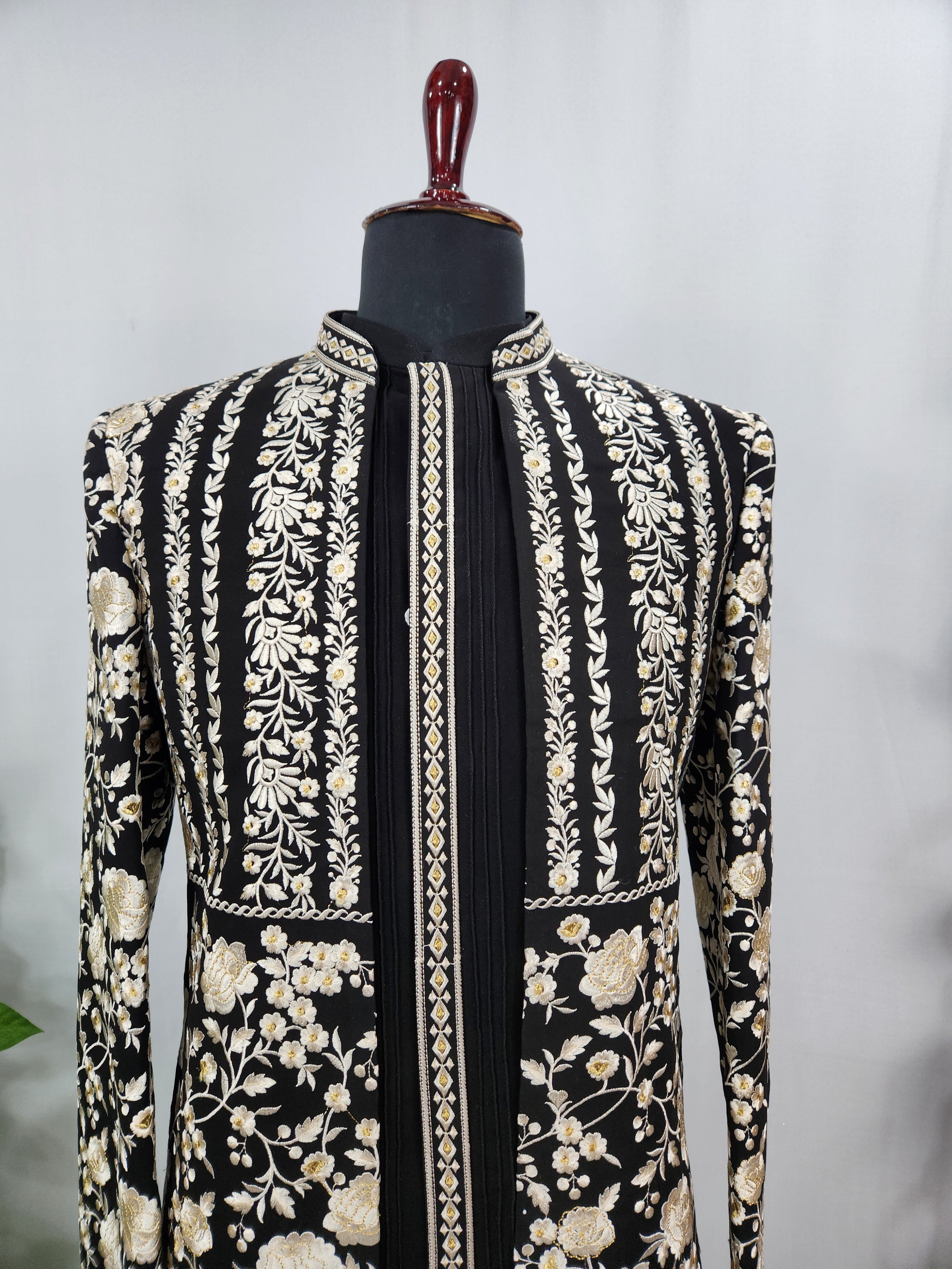 Black Indo-Western Sherwani with Shawl for Men | Indian Groom Wedding Outfit
