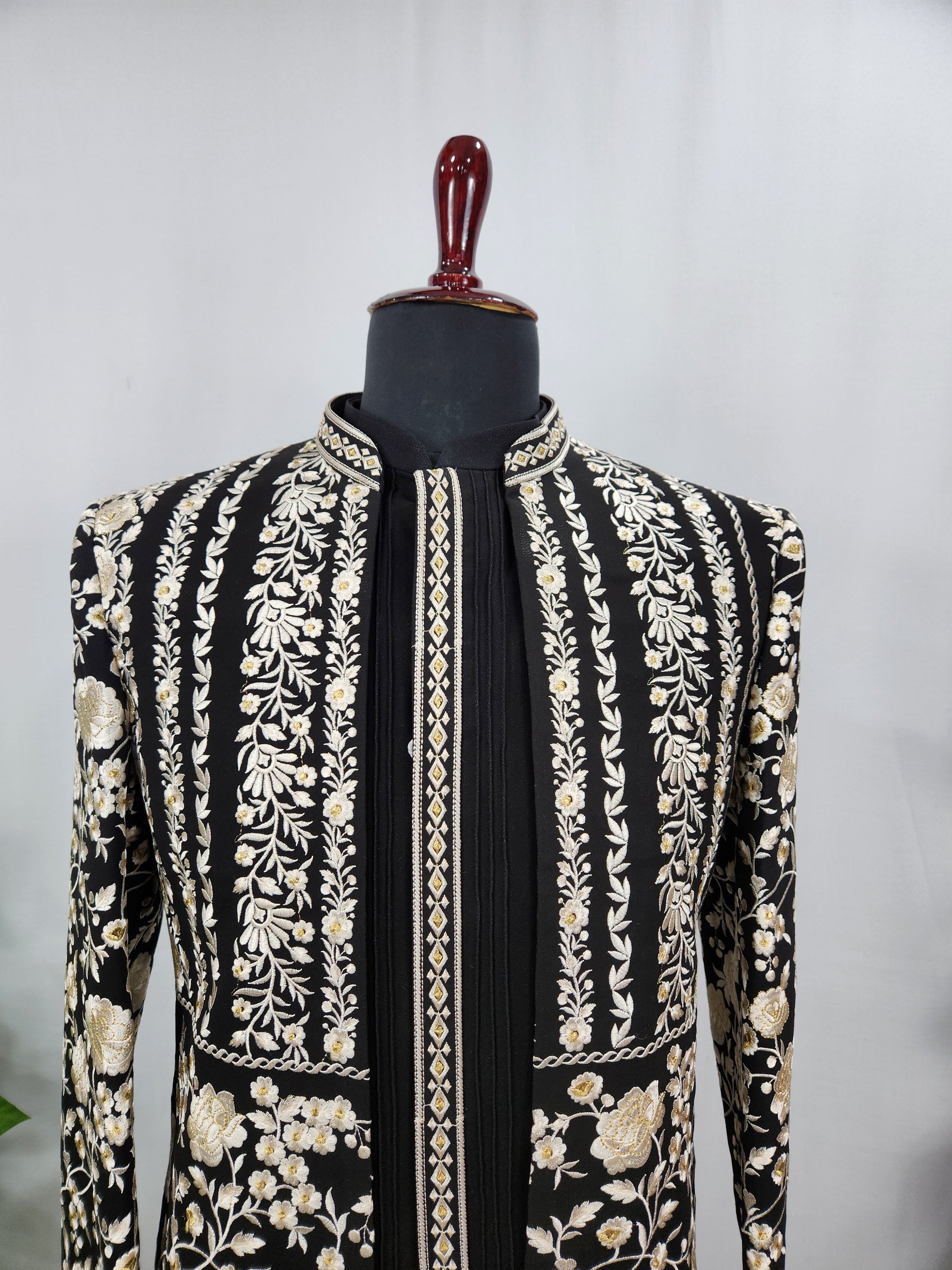 Black Indo-Western Sherwani with Shawl for Men | Indian Groom Wedding Outfit