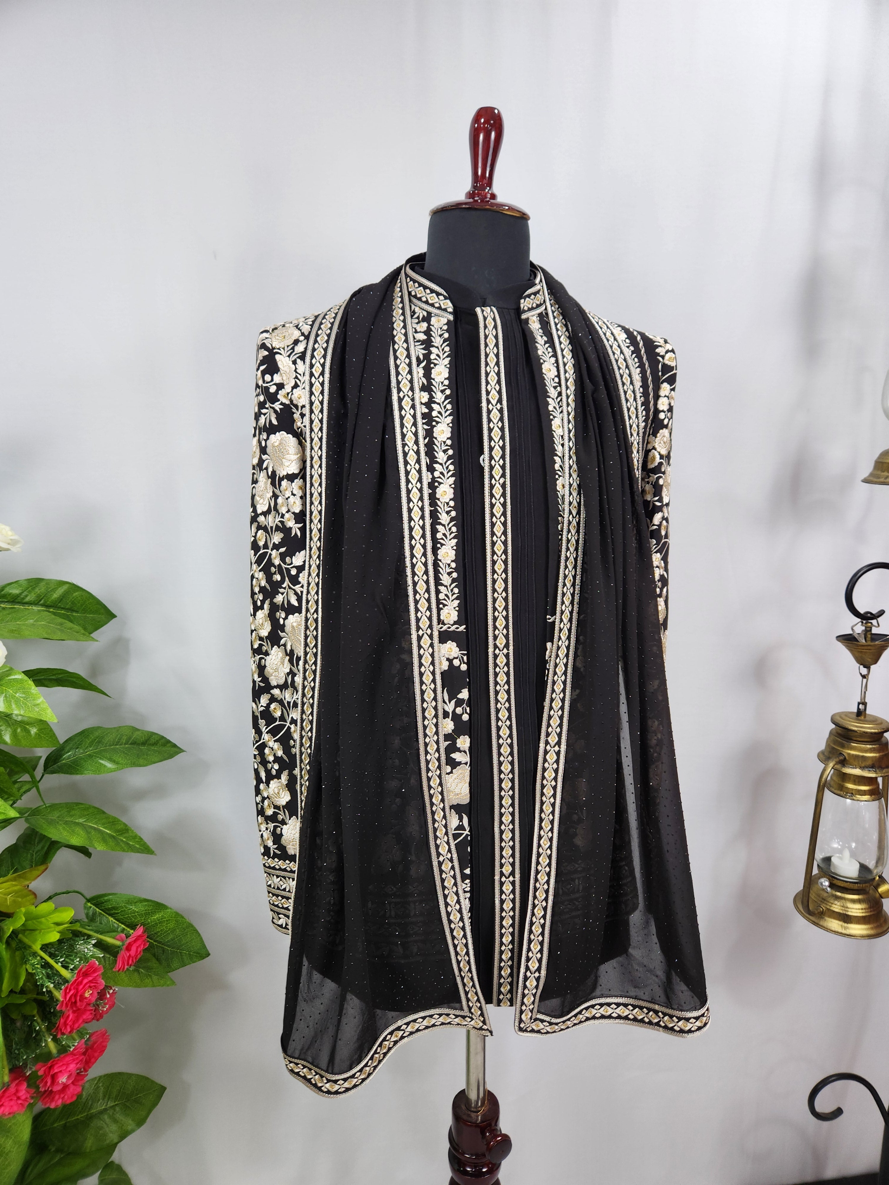 Black Indo-Western Sherwani with Shawl for Men | Indian Groom Wedding Outfit