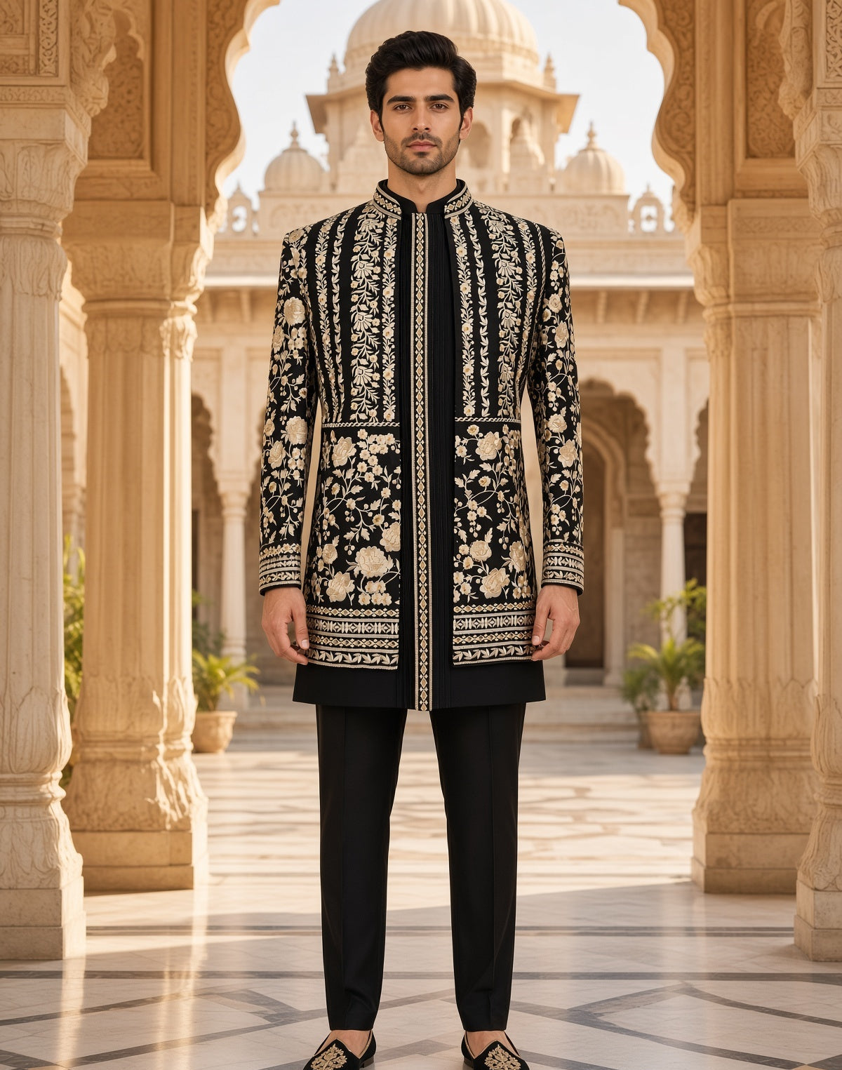 A man stands in a grand architectural corridor with stone pillars, wearing a black sherwani jacket with intricate cream floral embroidery, black trousers, and black embroidered loafers