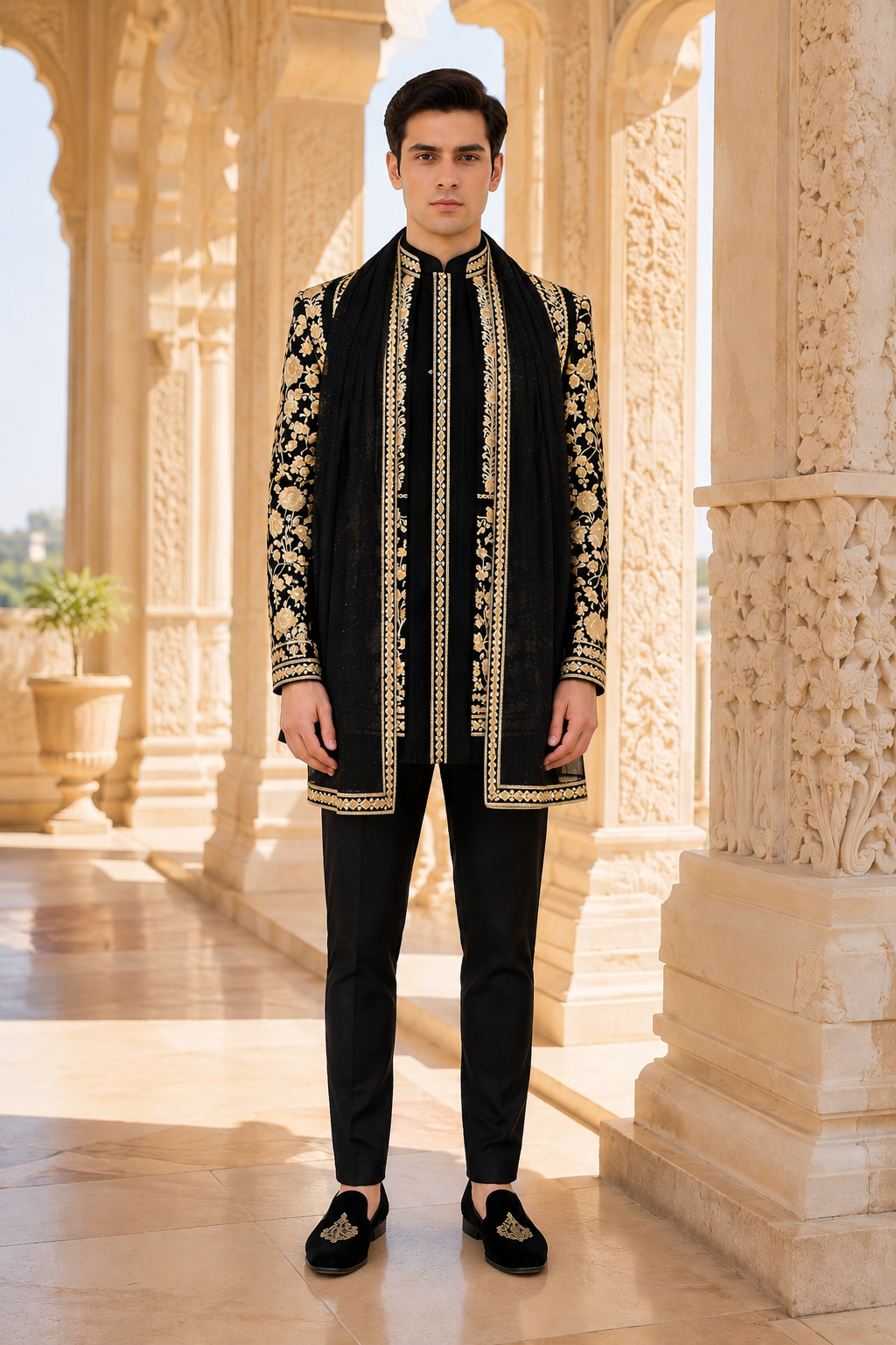Black Indo-Western Sherwani with Shawl for Men | Indian Groom Wedding Outfit