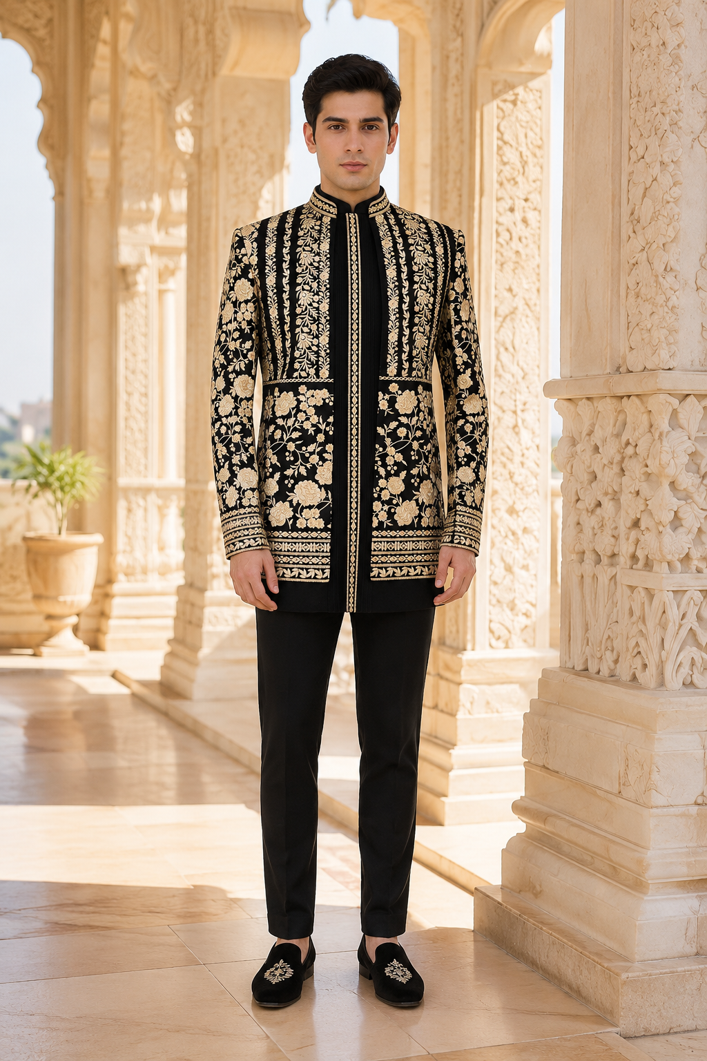 Black Indo-Western Sherwani with Shawl for Men | Indian Groom Wedding Outfit