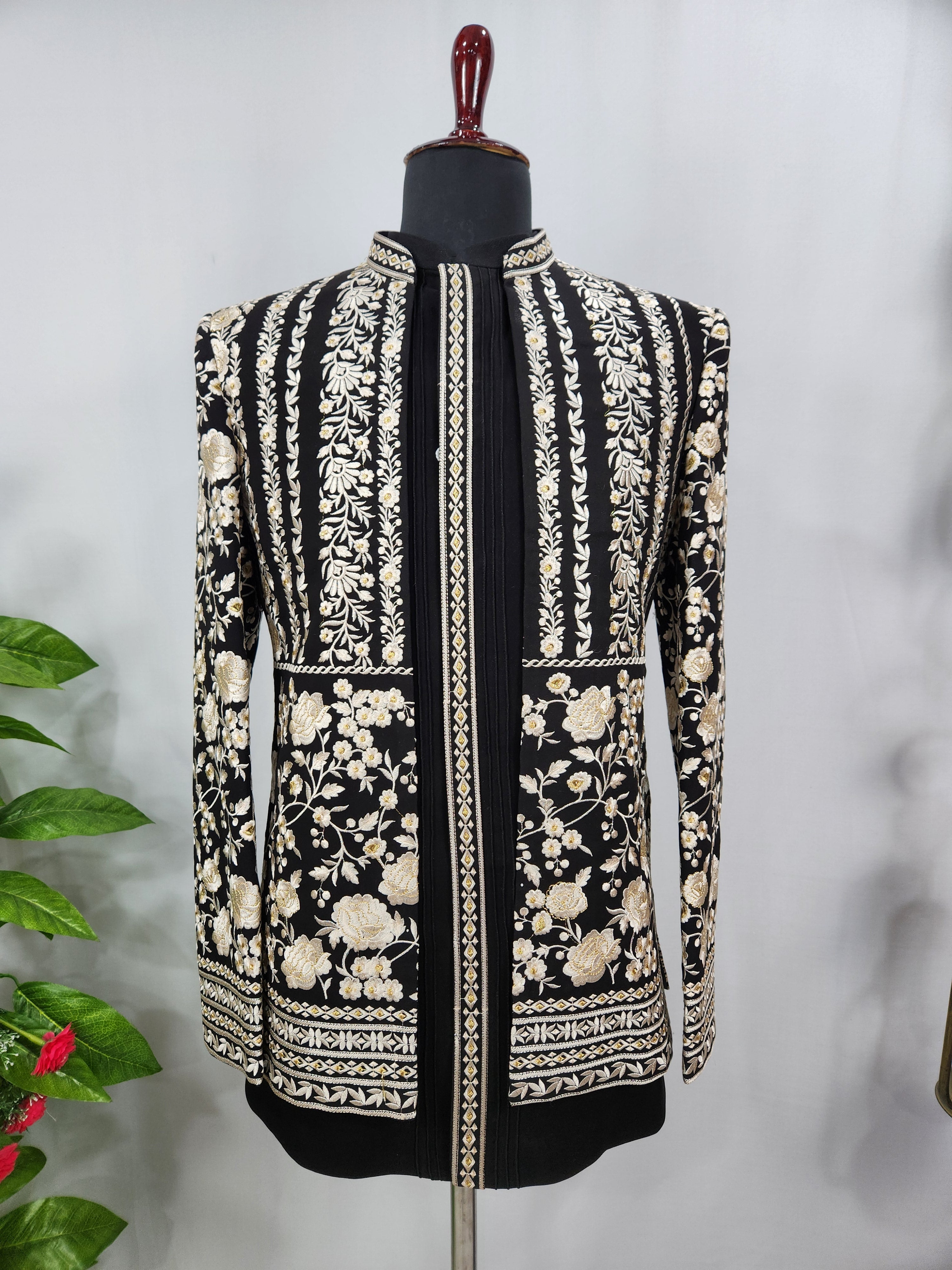 Black Indo-Western Sherwani with Shawl for Men | Indian Groom Wedding Outfit
