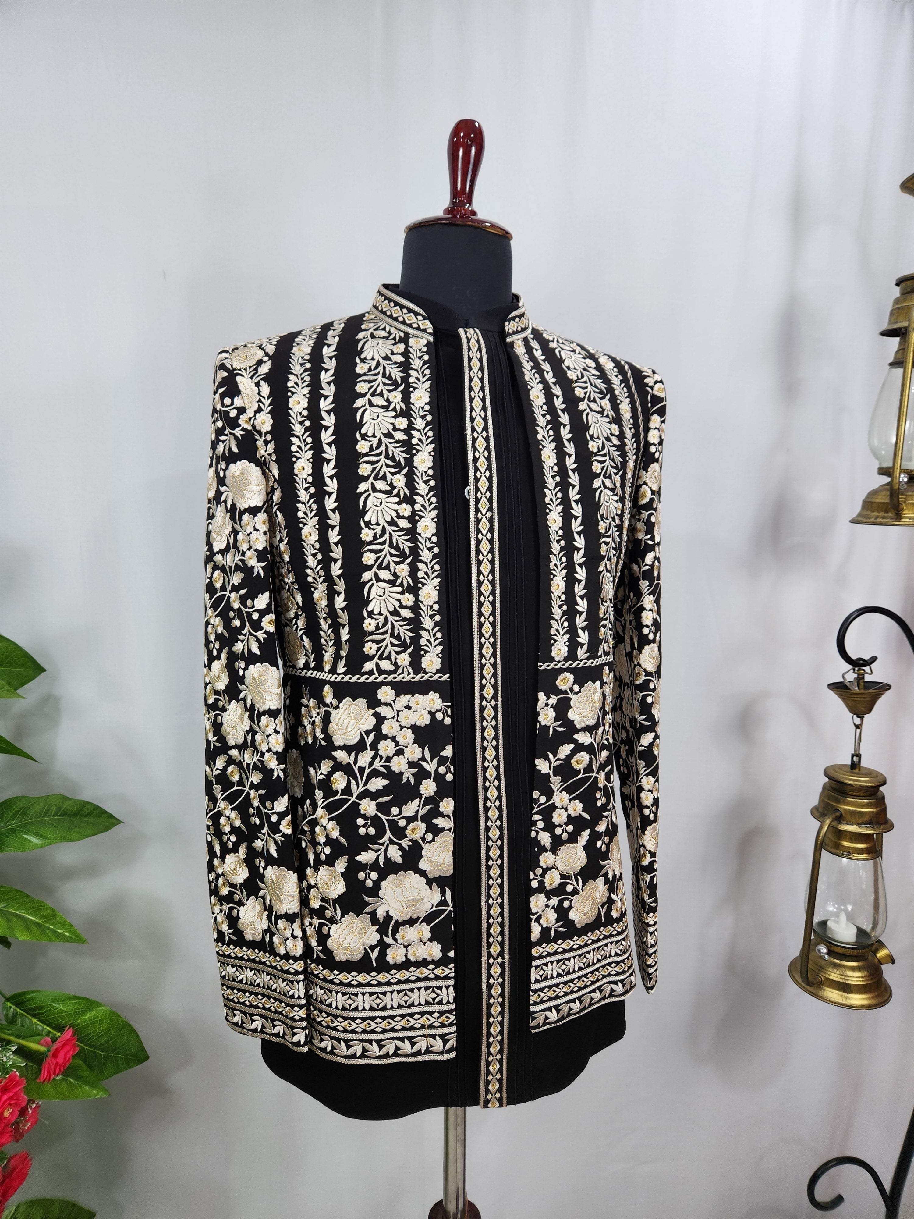 Black Indo-Western Sherwani with Shawl for Men | Indian Groom Wedding Outfit